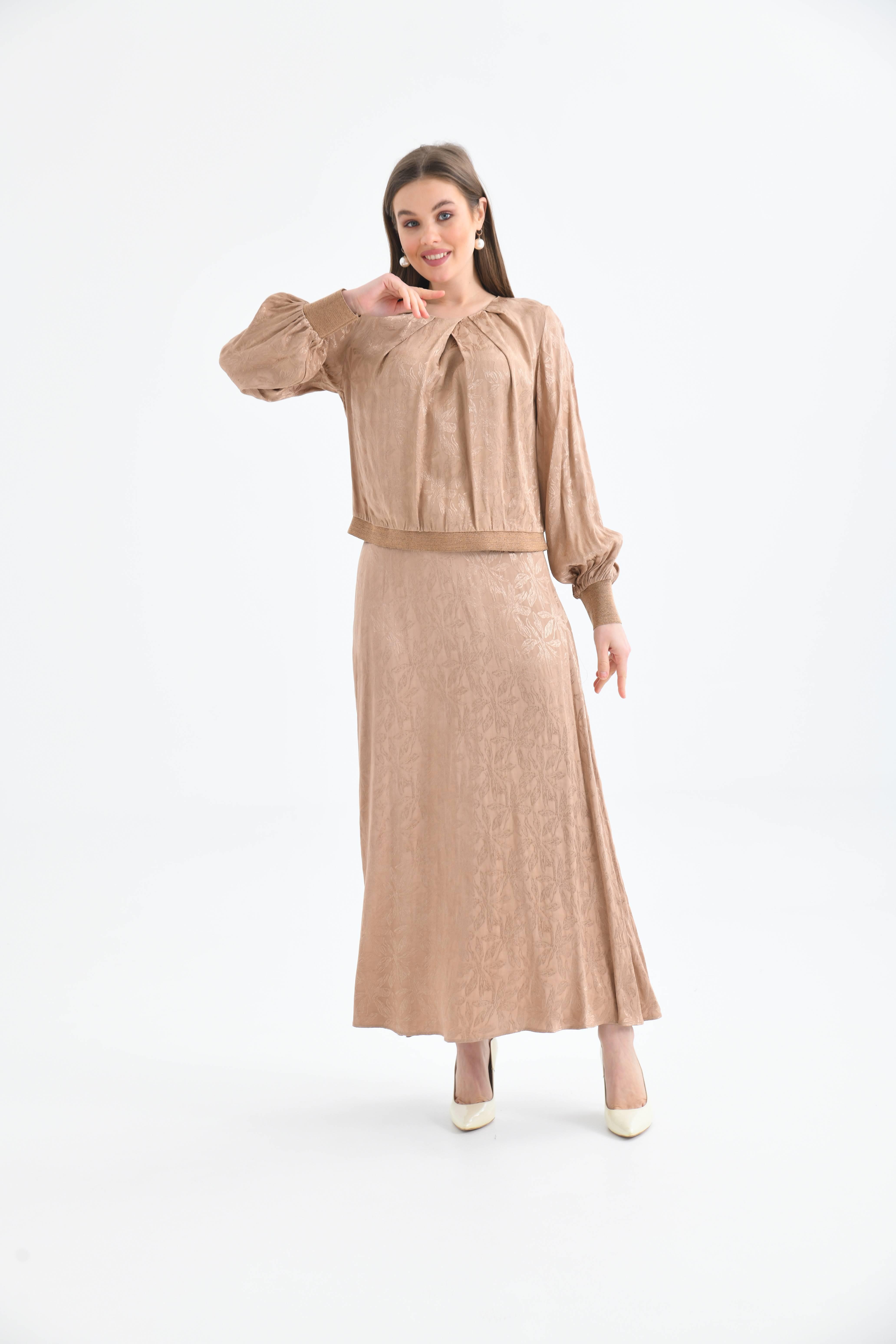 FTZ Women Kadın Leopar Desen Jakar Takım  Beige 30444