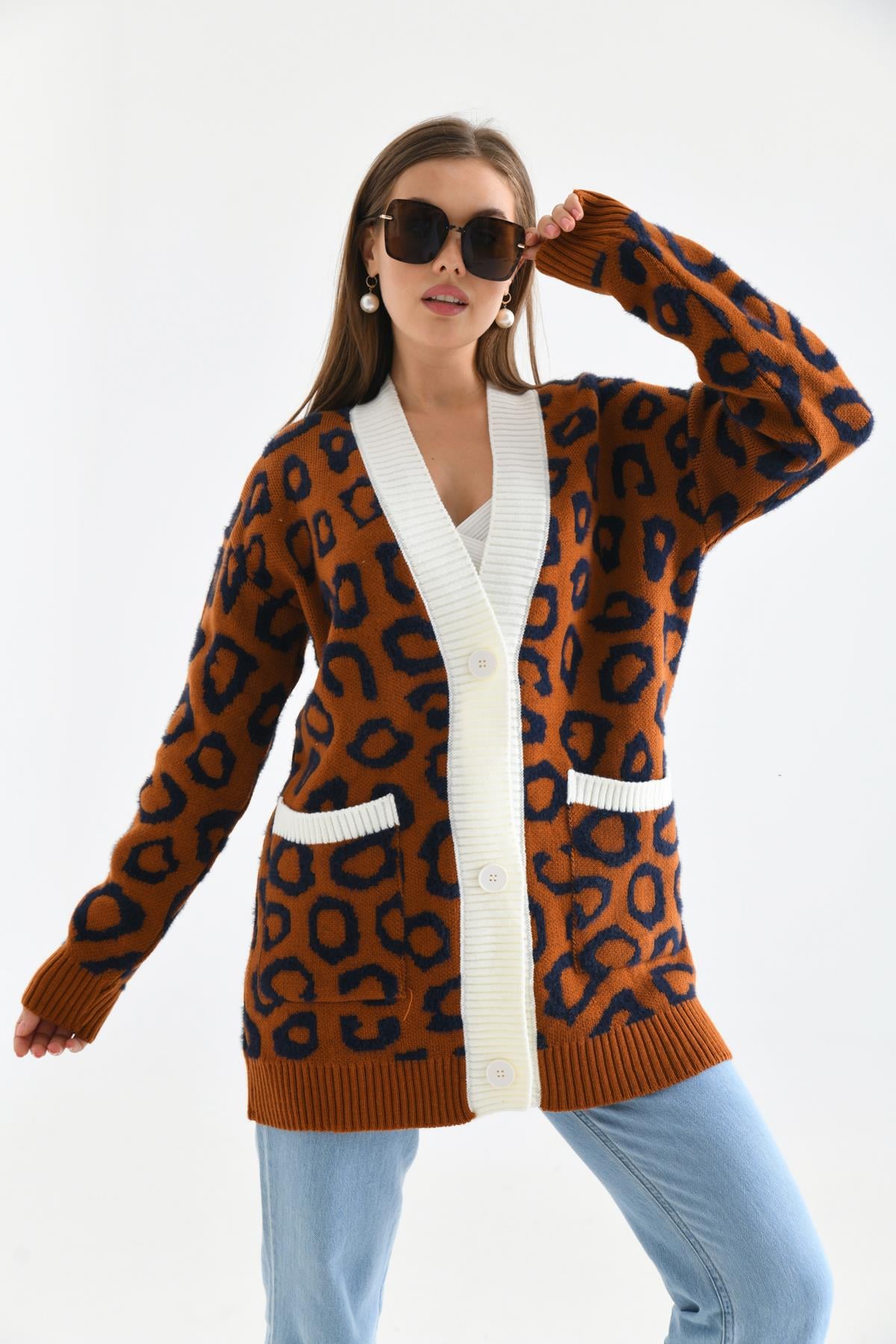 FTZ Women Kadın Leopar Detaylı Hırka  Kiremit 20001
