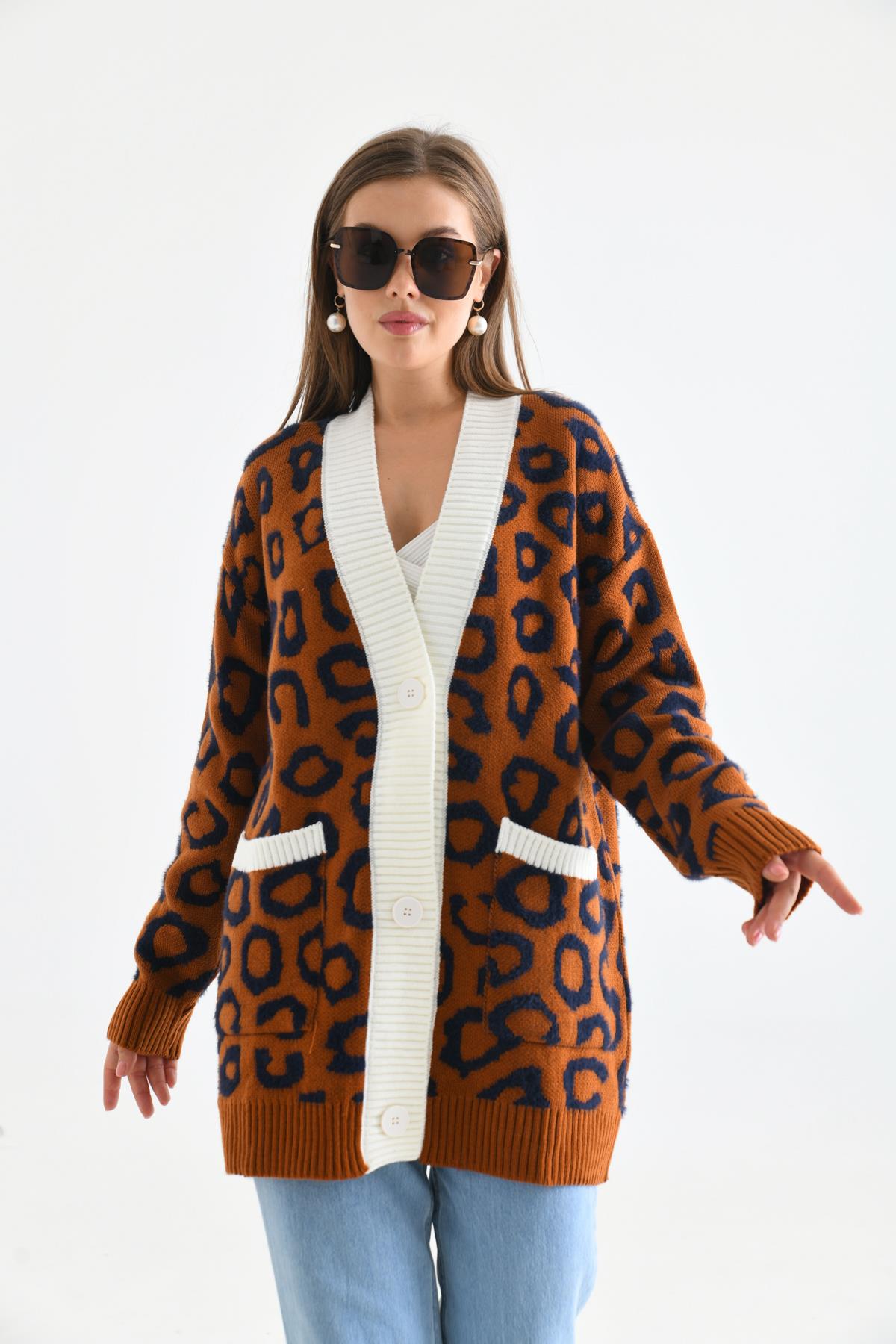 FTZ Women Kadın Leopar Detaylı Hırka  Kiremit 20001