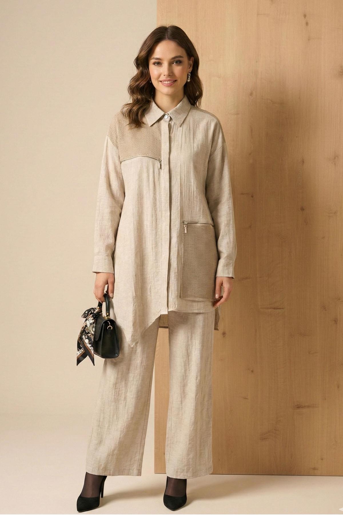 FTZ Women Kadın Rahat Kalıp Asimetrik Kesim Takım  Beige 31149
