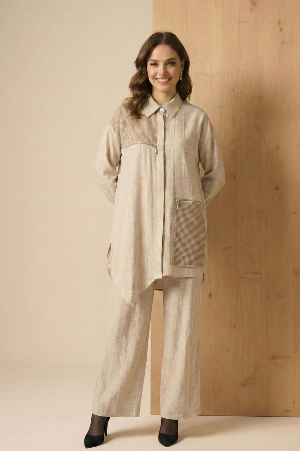 FTZ Women Kadın Rahat Kalıp Asimetrik Kesim Takım  Beige 31149