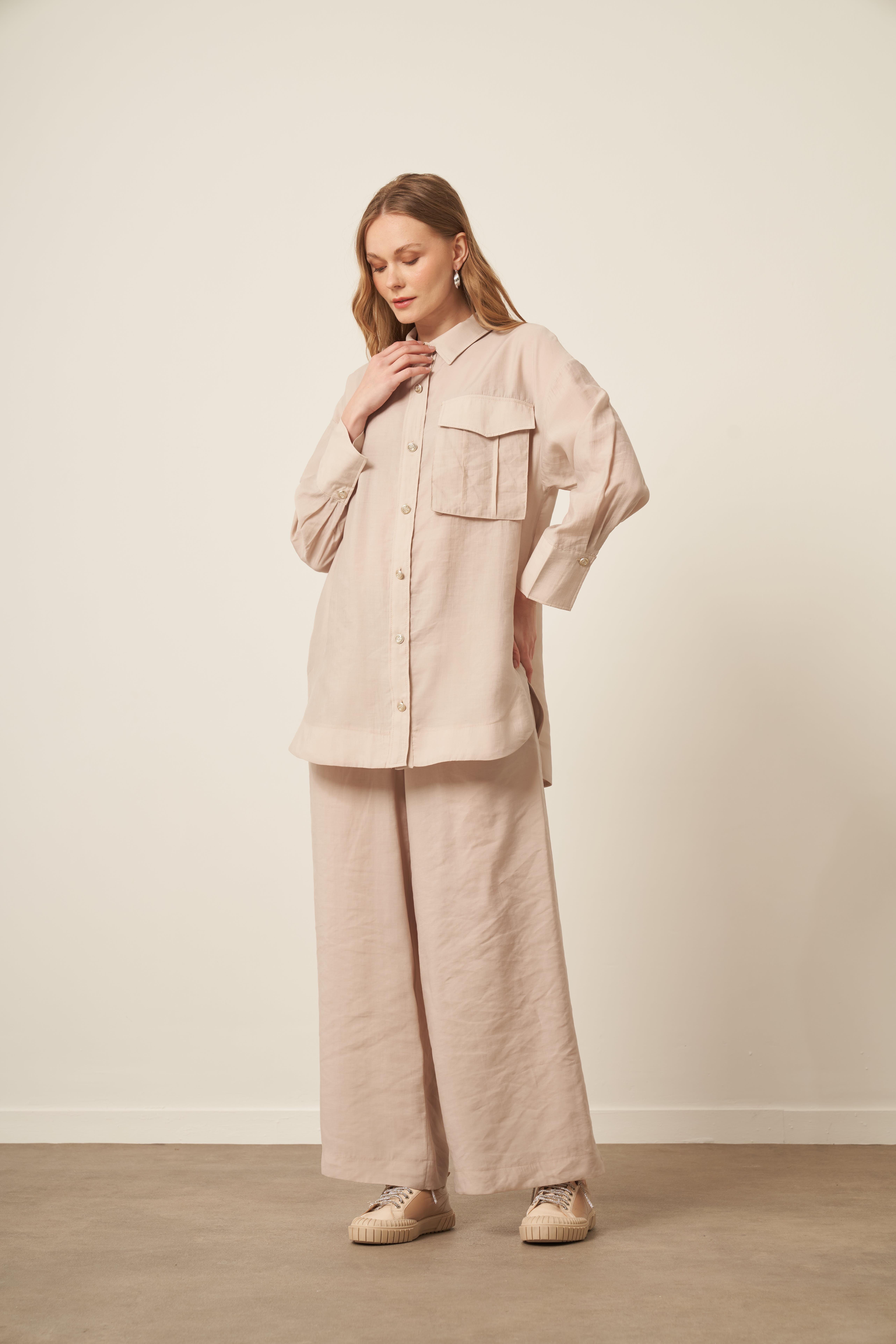 FTZ Women Kadın Rahat Kalıp Modal Cepli Takım  Beige 30717