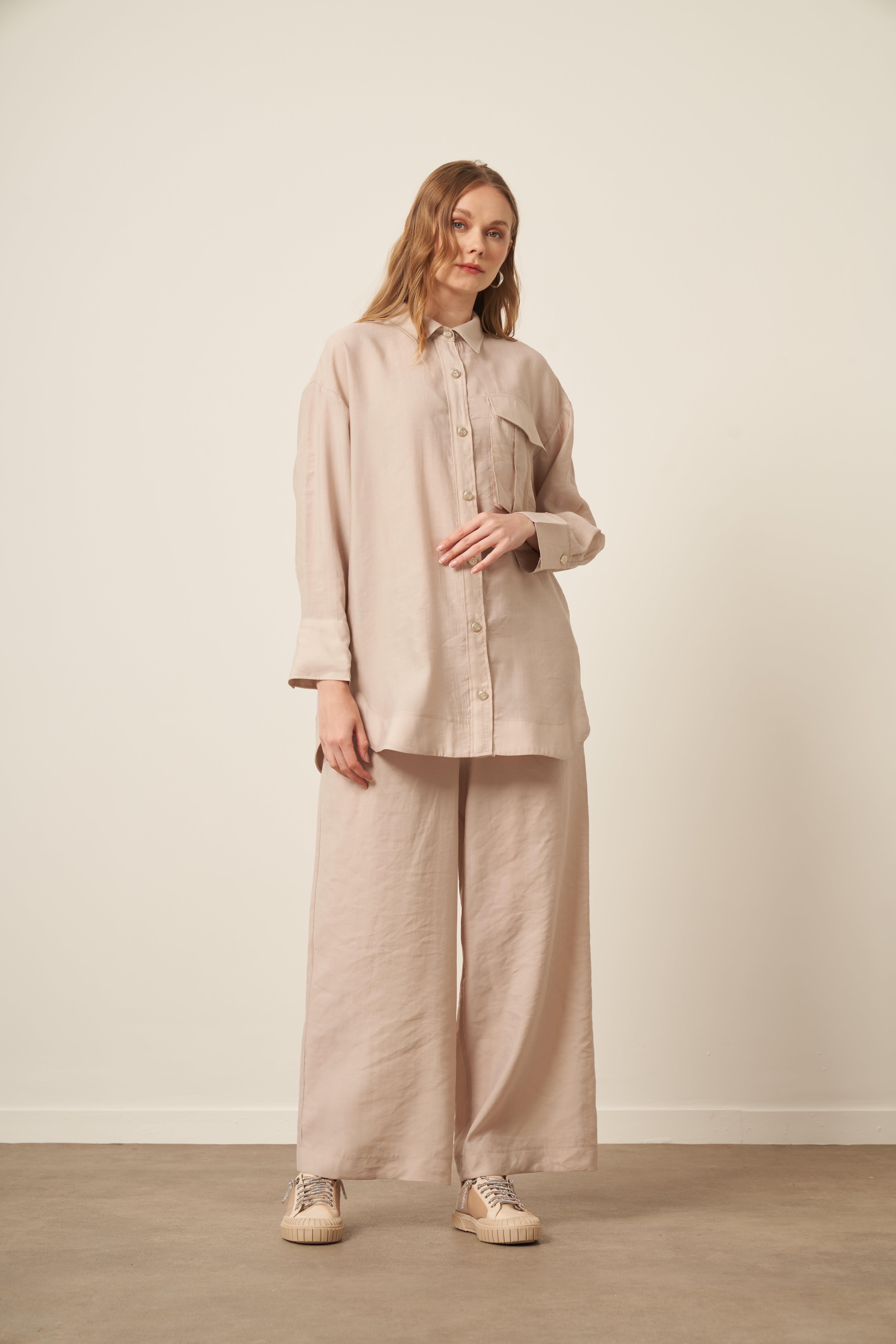 FTZ Women Kadın Rahat Kalıp Modal Cepli Takım  Beige 30717