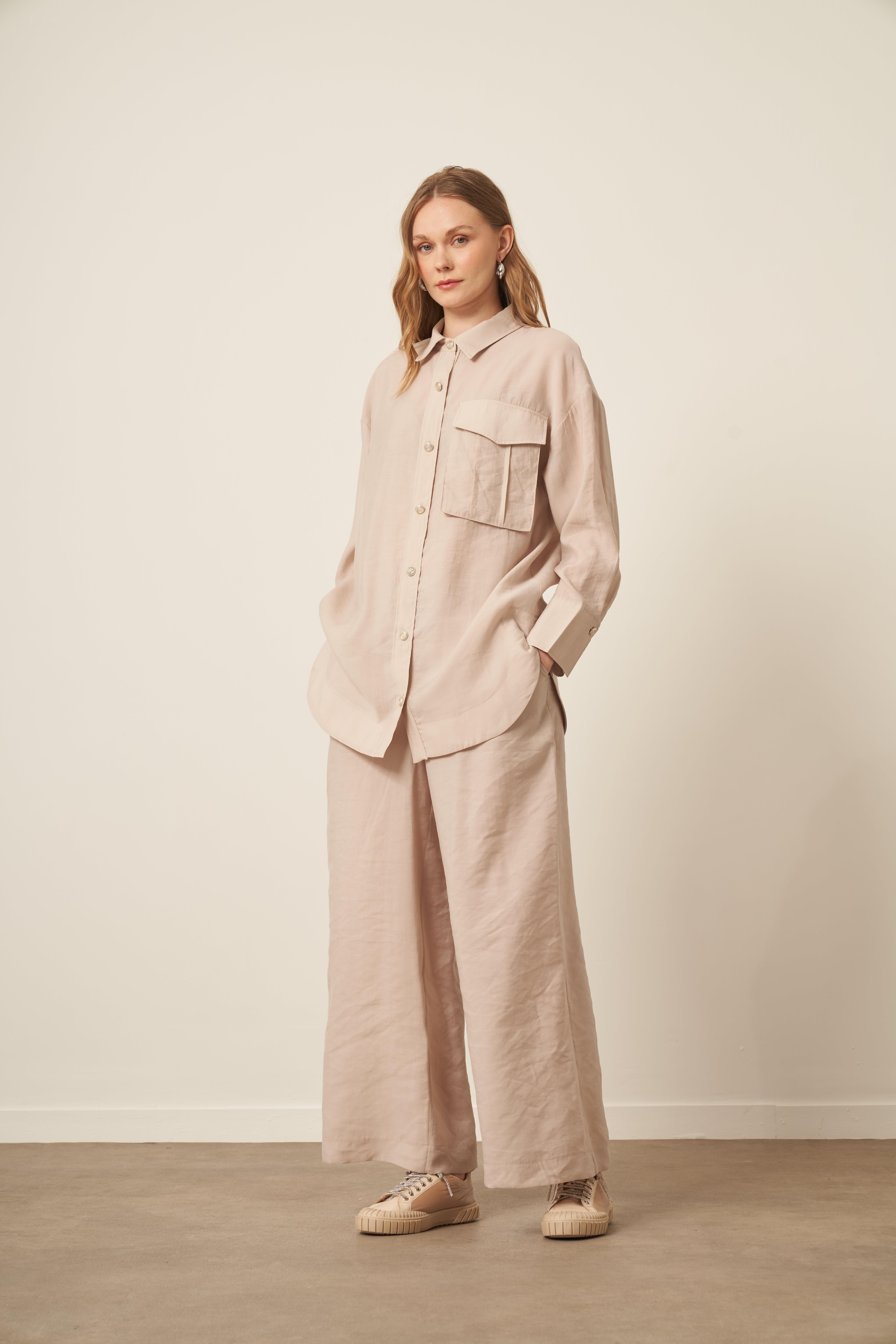 FTZ Women Kadın Rahat Kalıp Modal Cepli Takım  Beige 30717