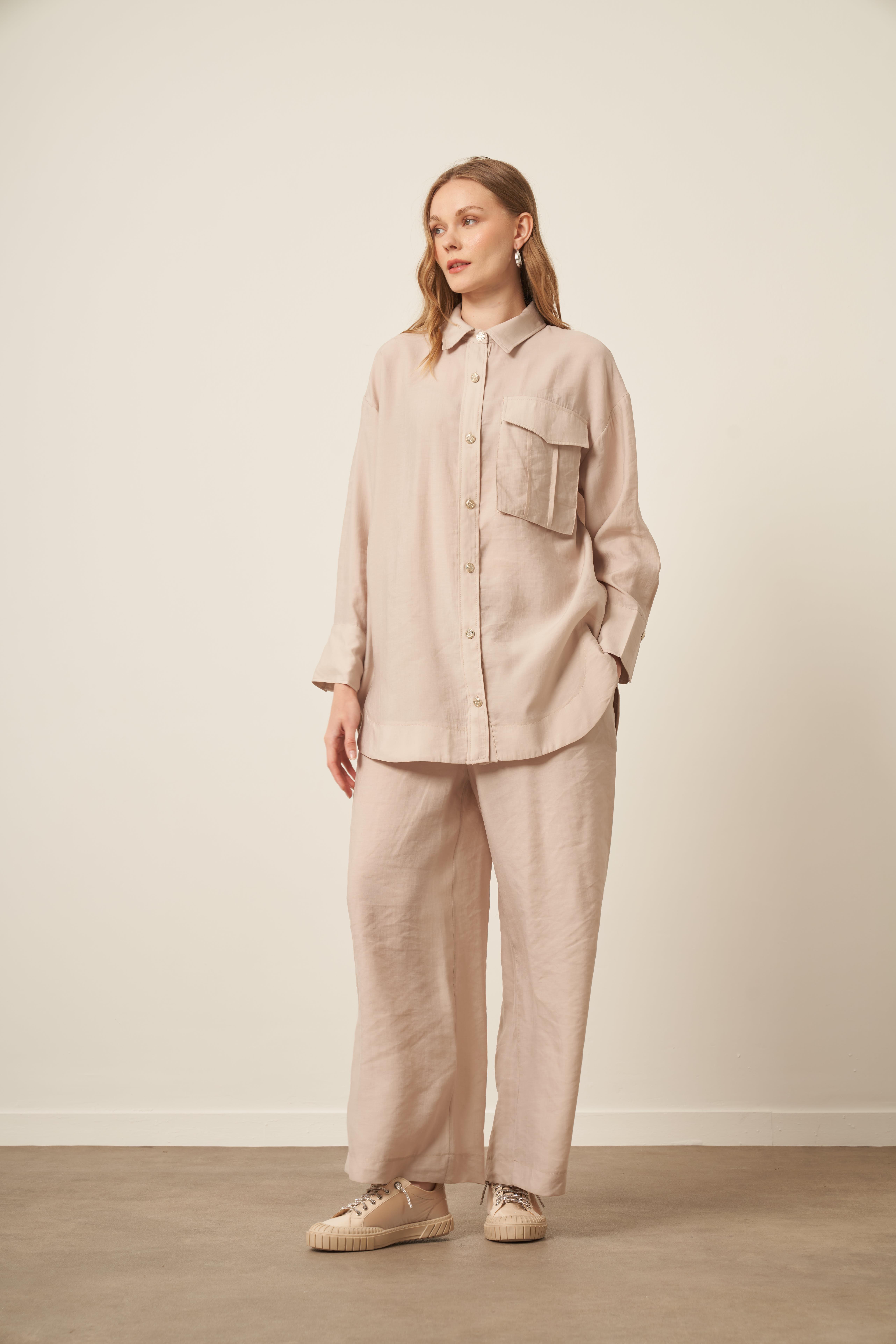 FTZ Women Kadın Rahat Kalıp Modal Cepli Takım  Beige 30717