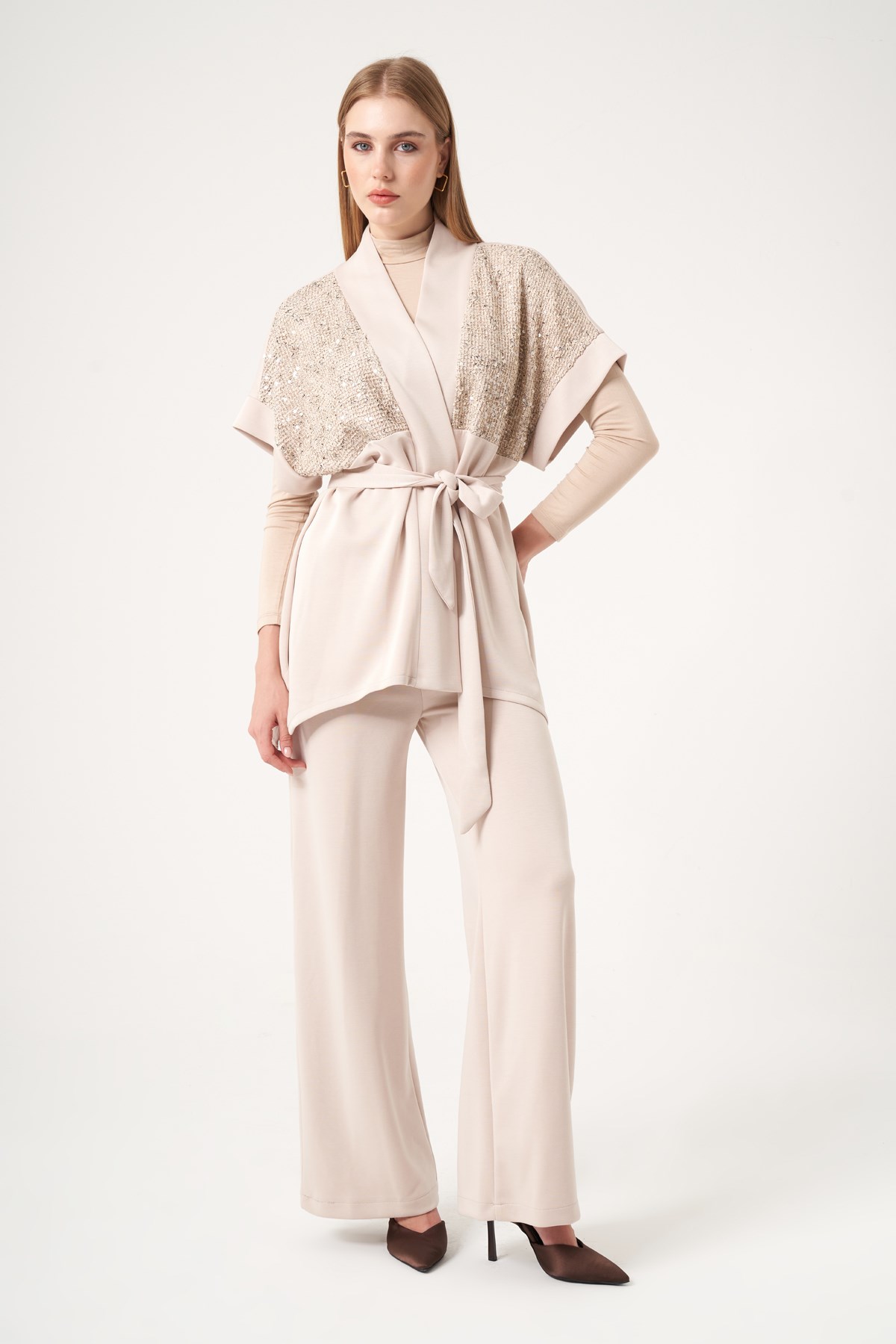 FTZ Women Kadın Modal Payet Detaylı Takım  Beige 31516