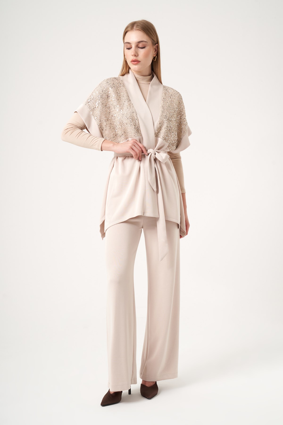 FTZ Women Kadın Modal Payet Detaylı Takım  Beige 31516