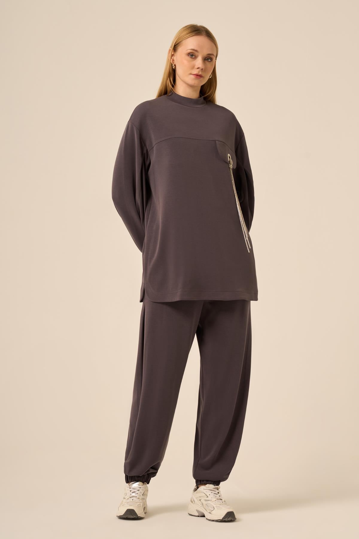 FTZ Women Kadın Modal Taş Detaylı Takım  Füme 31285