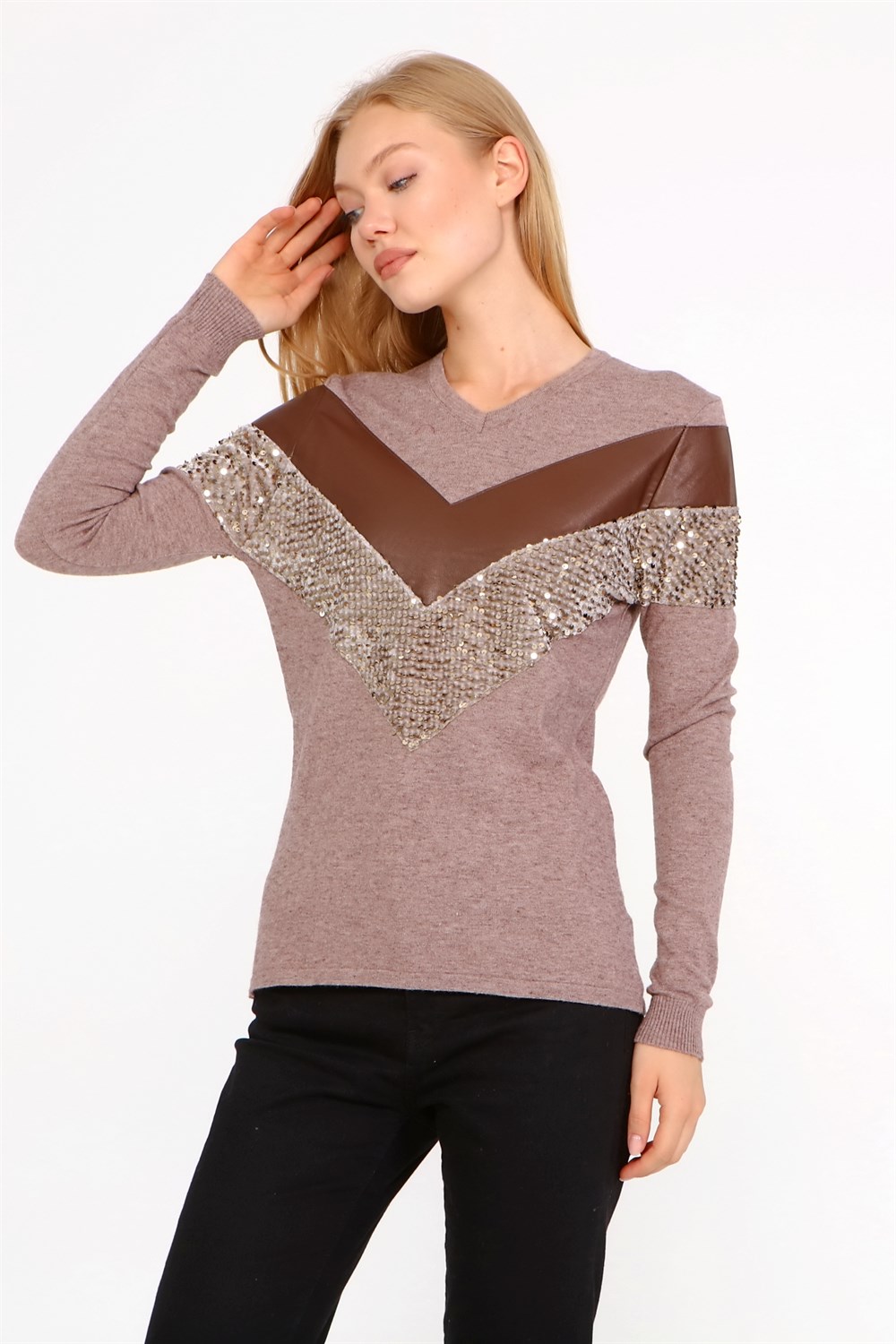 FTZ Women Kadın Ön Baskı Detaylı Kazak  Beige 21-1330
