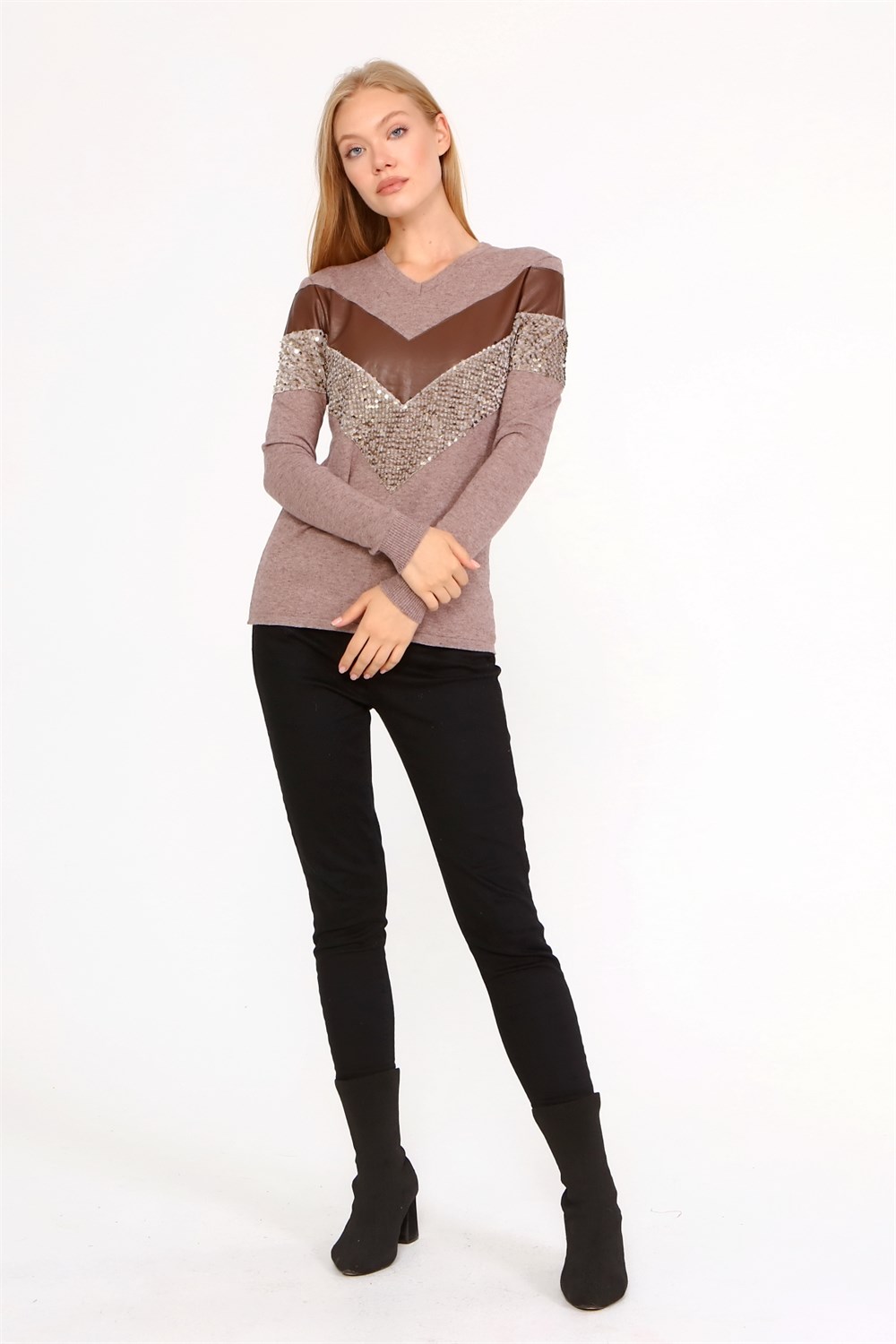 FTZ Women Kadın Ön Baskı Detaylı Kazak  Beige 21-1330