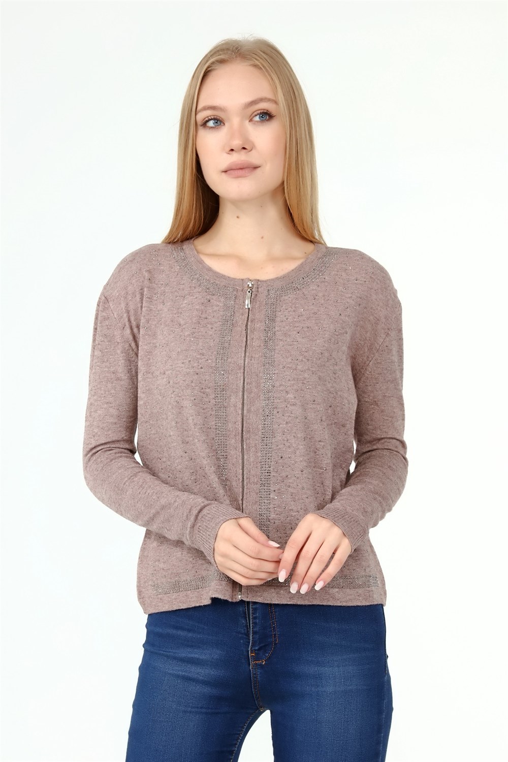 FTZ Women Kadın Ön Taş Detay Hırka  Beige 21-1351