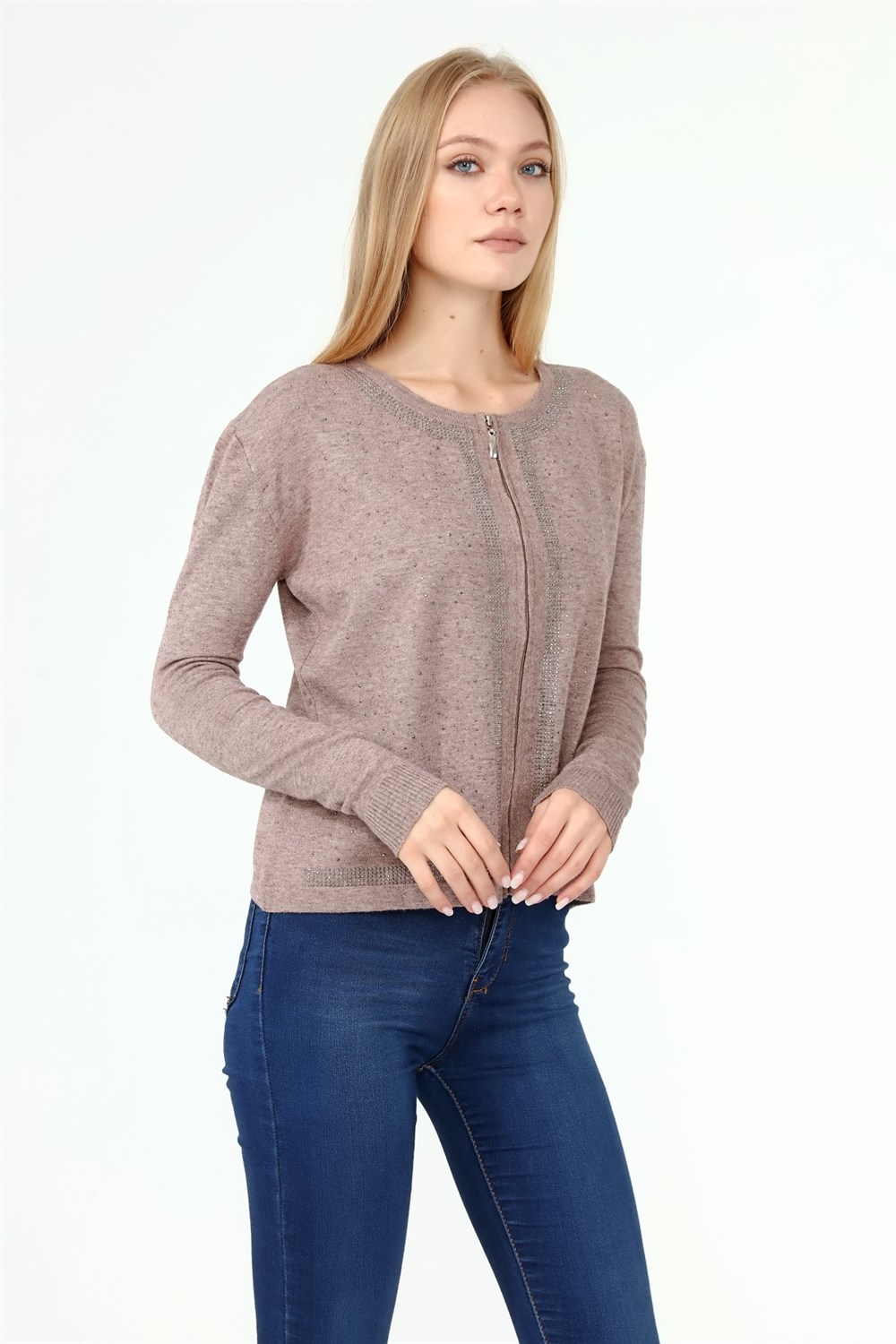FTZ Women Kadın Ön Taş Detay Hırka  Beige 21-1351