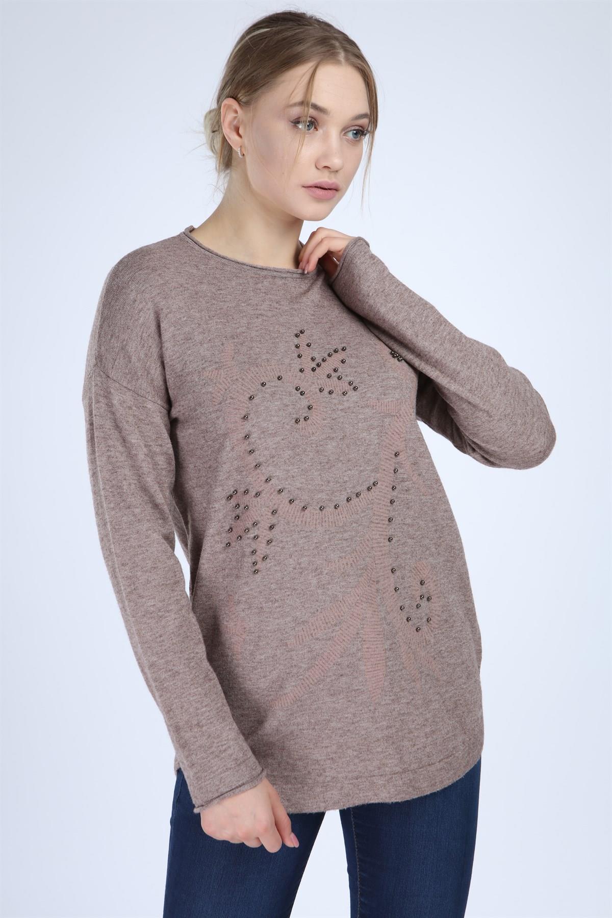 FTZ Women Kadın Önü Desenli Triko  Beige 21-1240
