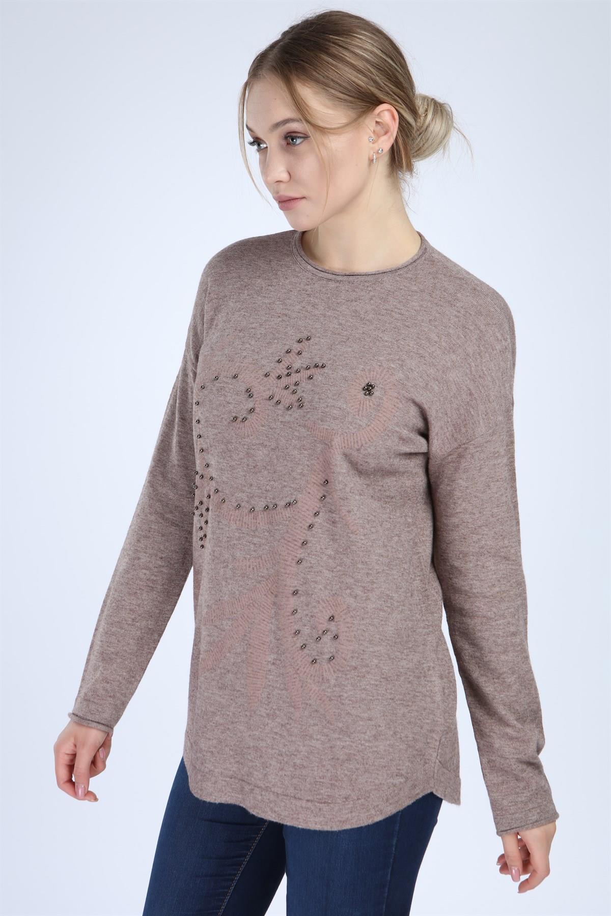 FTZ Women Kadın Önü Desenli Triko  Beige 21-1240