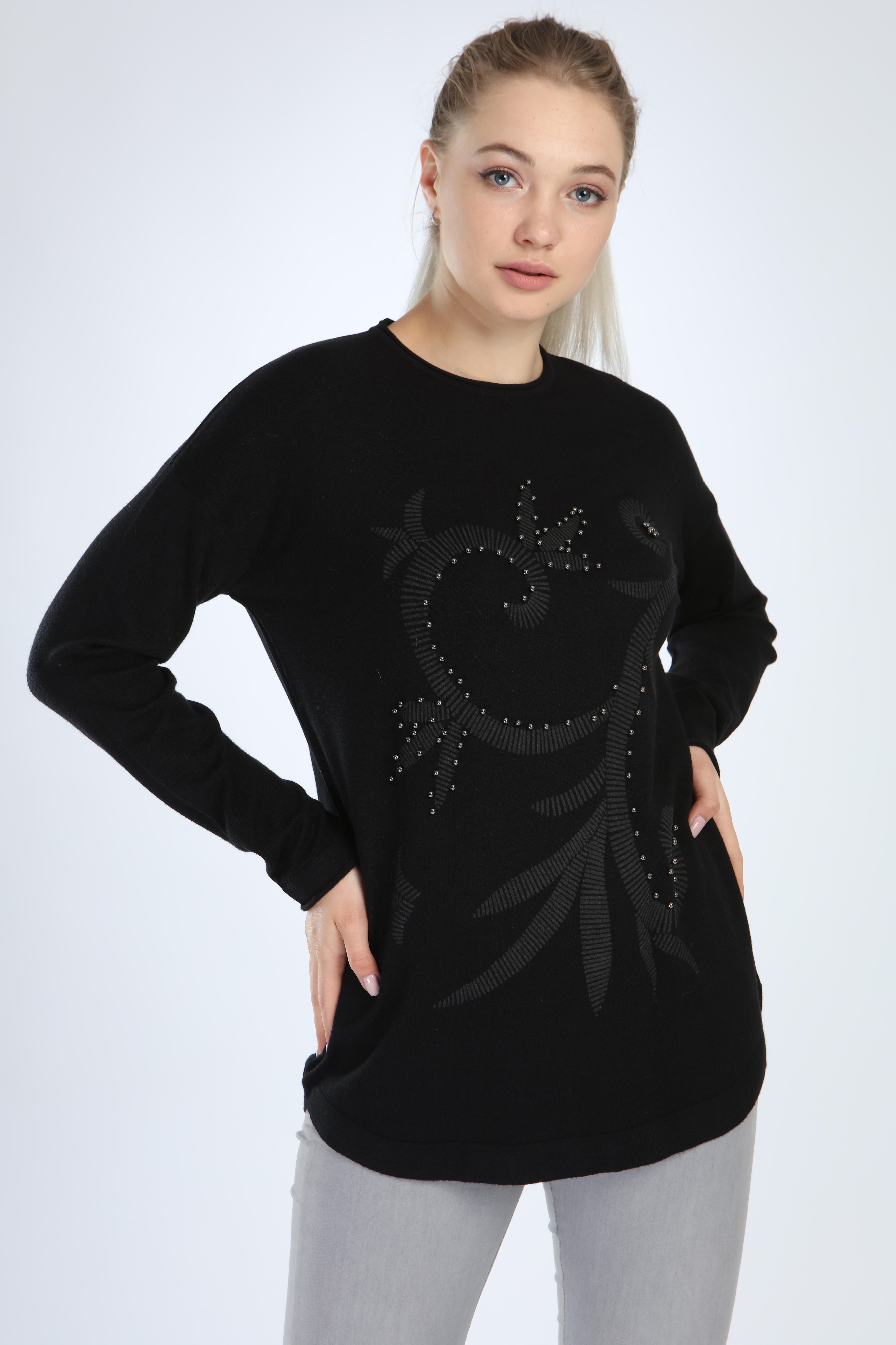 FTZ Women Kadın Önü Desenli Triko  Siyah 21-1240