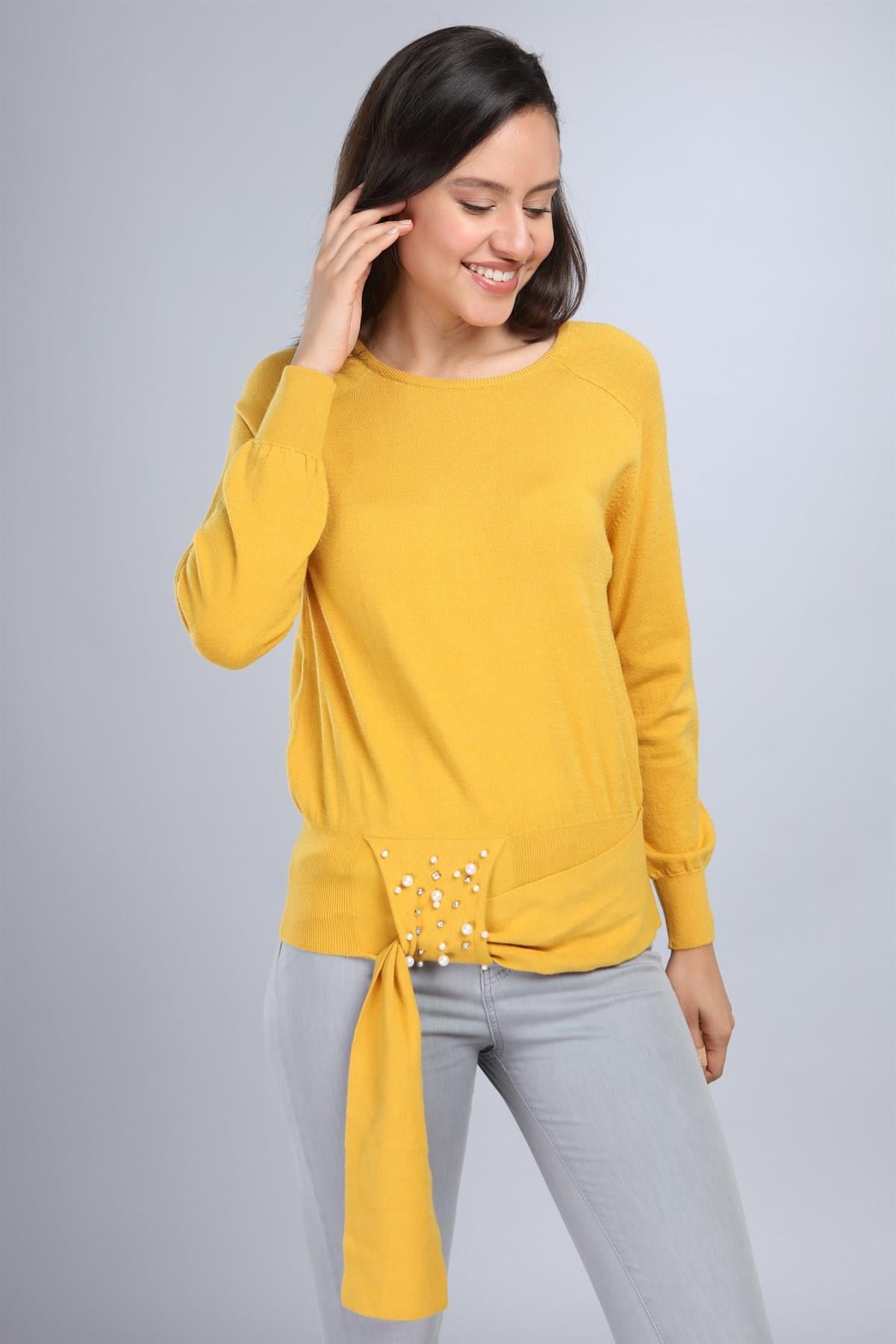 FTZ Women Kadın Önü İncili Bluz  Safran 20-570
