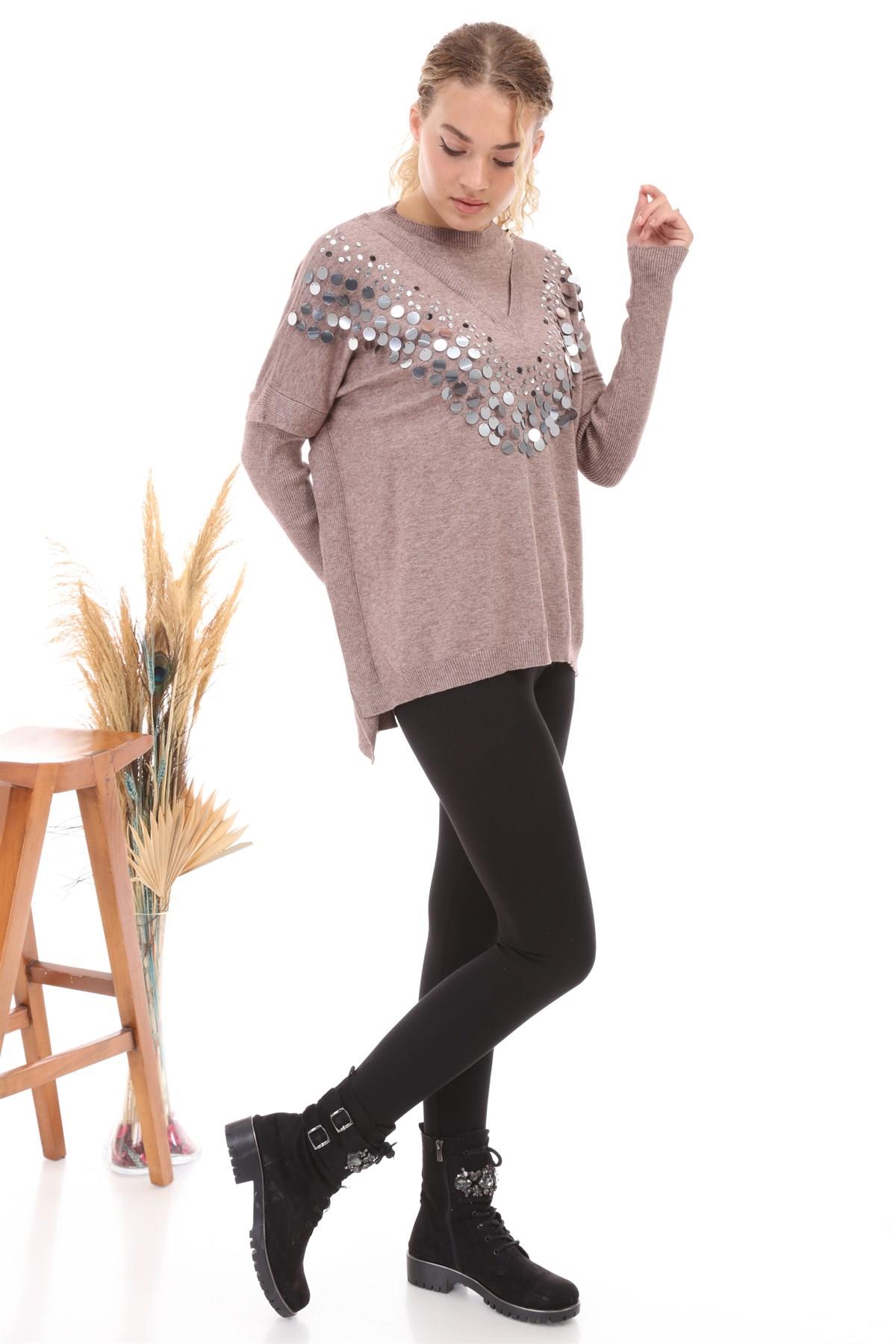 FTZ Women Kadın Önü Pul Payet İşlemeli Triko  Beige 21-1110