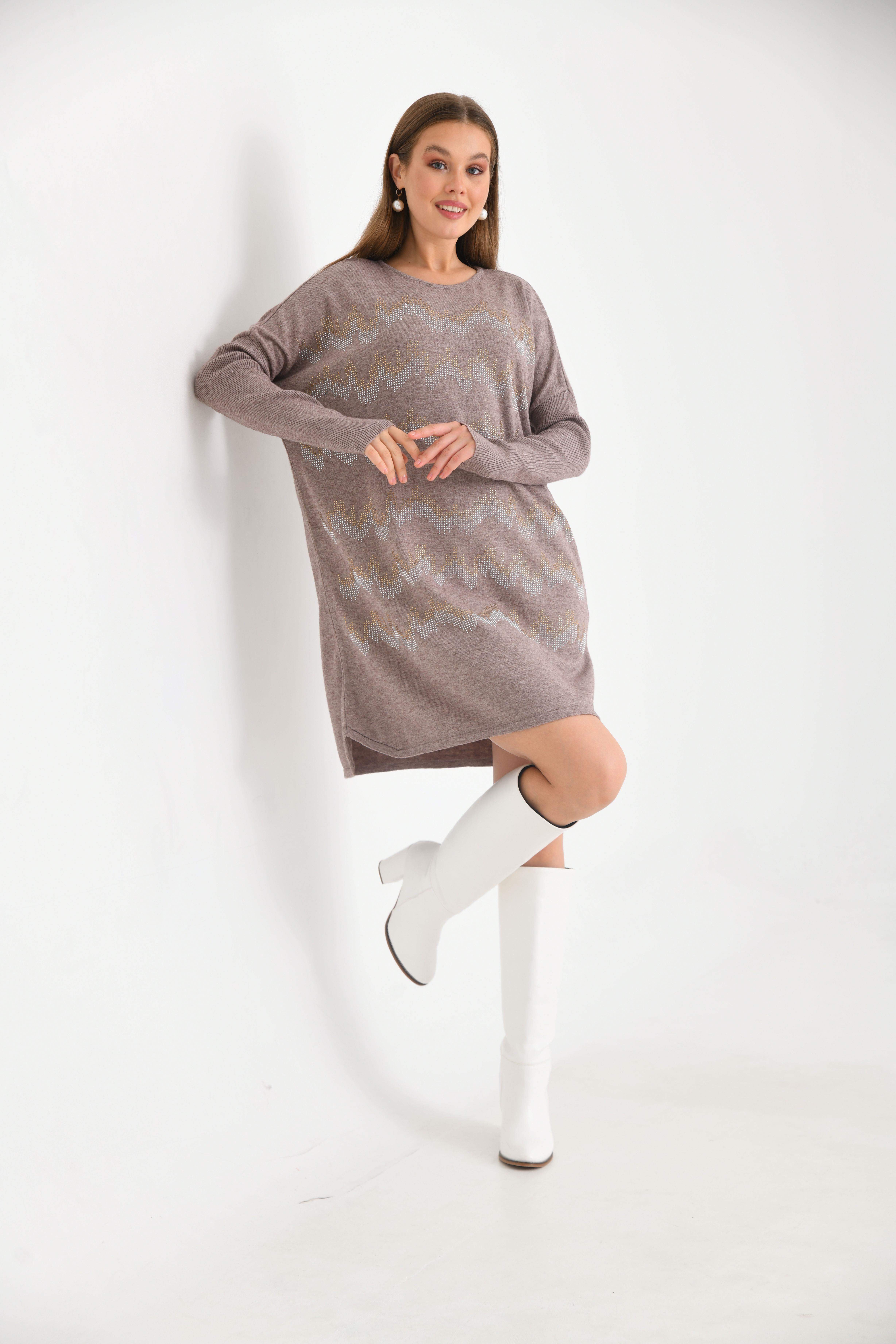 FTZ Women Kadın Önü Taş Detaylı Tunik  Beige 21-6046