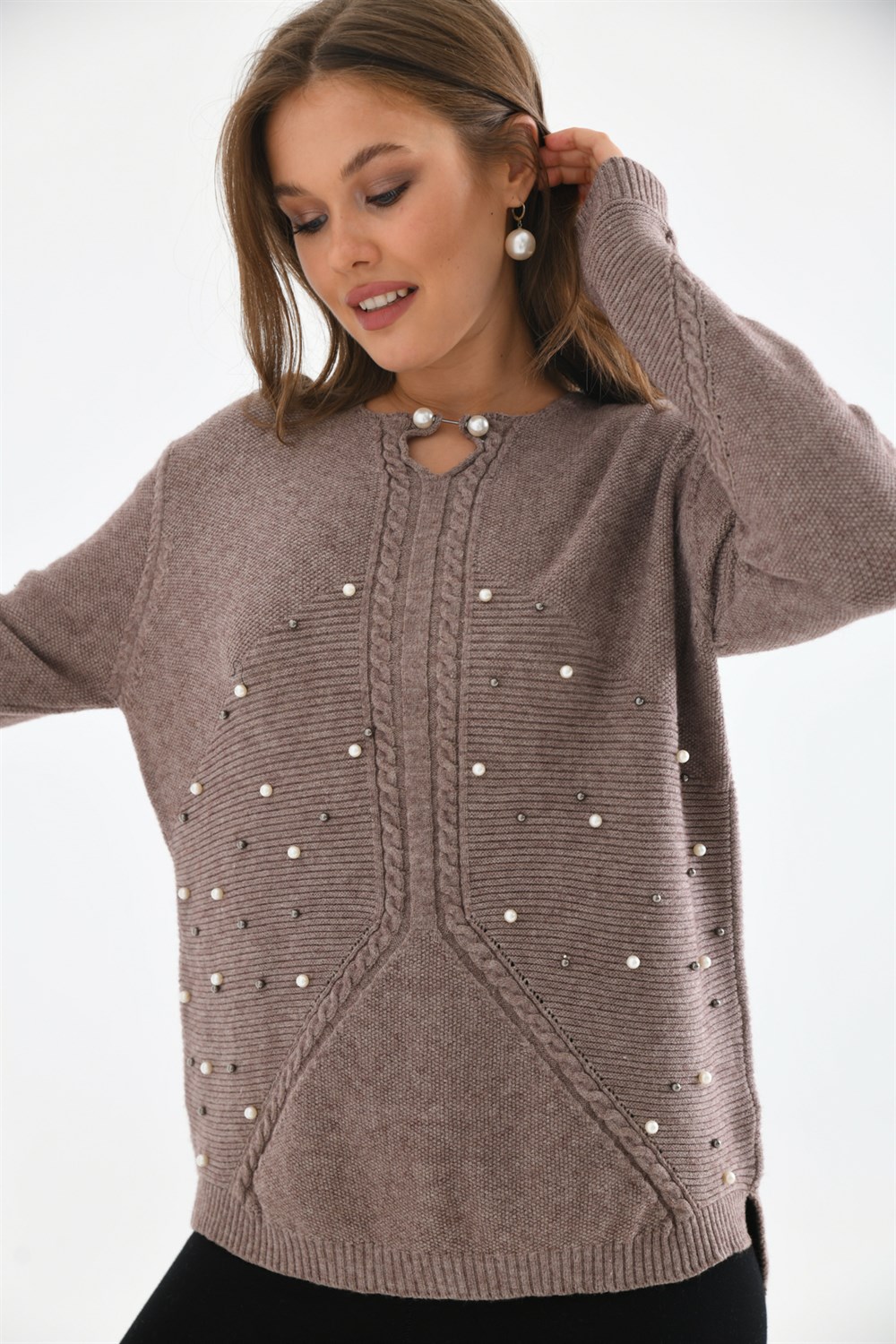 FTZ Women Kadın Örgü Detay İncili Kazak  Beige 20058