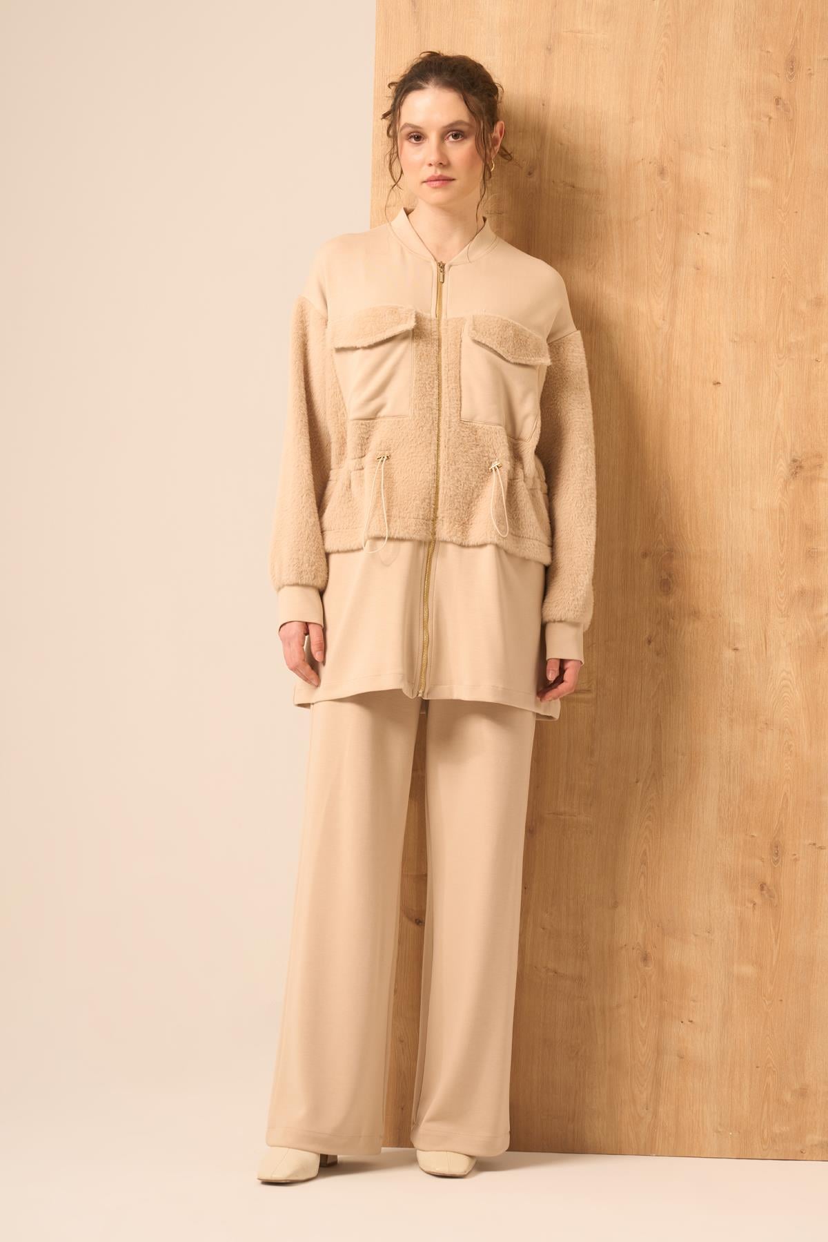 FTZ Women Kadın  Kürk detay Takım  Beige 31221