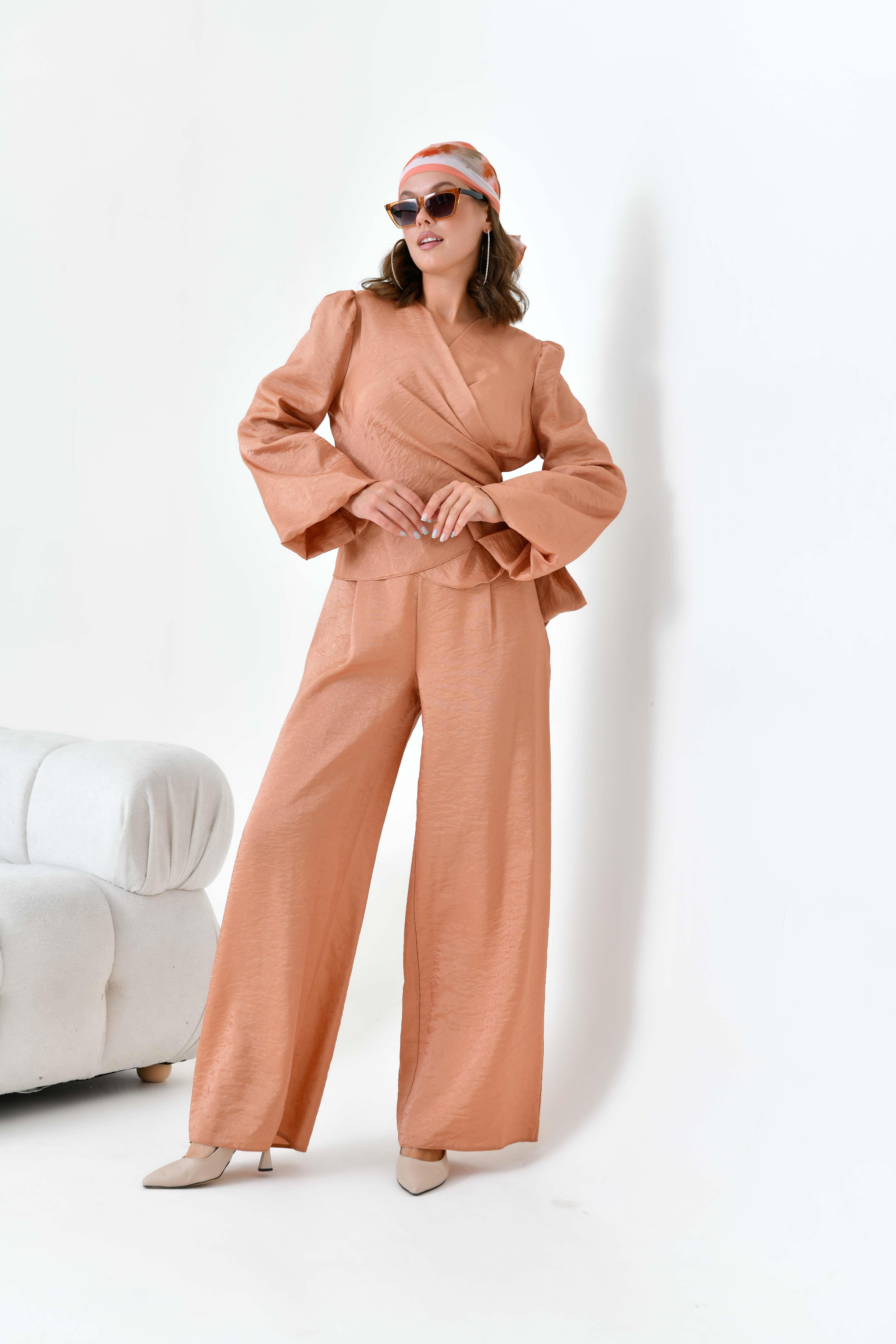 FTZ Women Kadın Rahat Kalıp Pantolonlu Simli Takım  Taba 30863