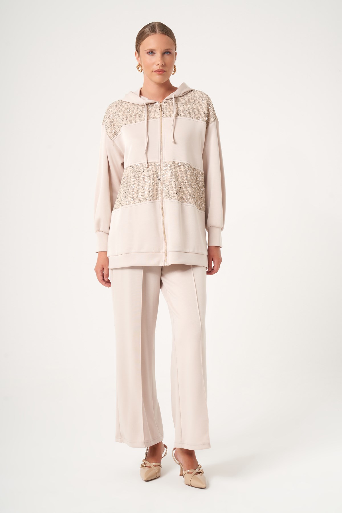 FTZ Women Kadın Payet Detay Modal Takım  Beige 31519