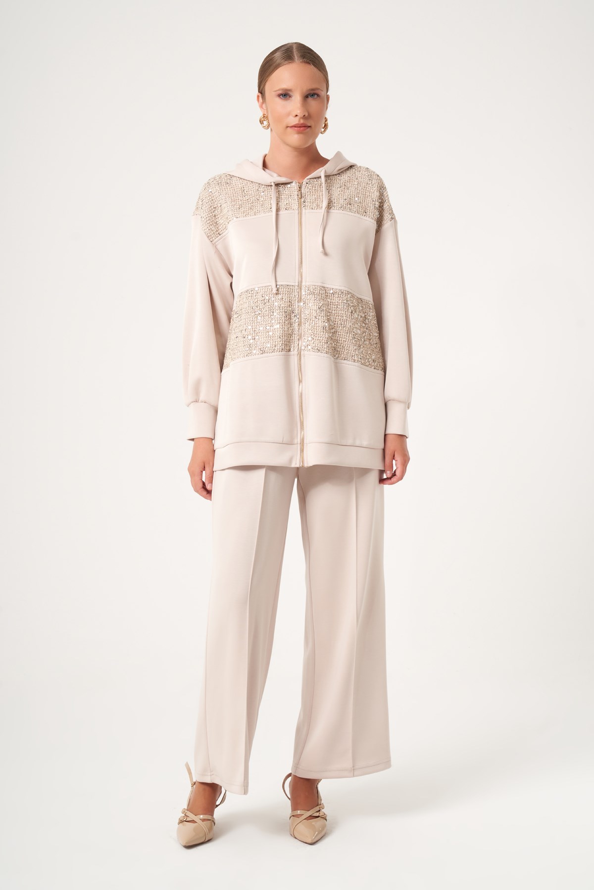 FTZ Women Kadın Payet Detay Modal Takım  Beige 31519