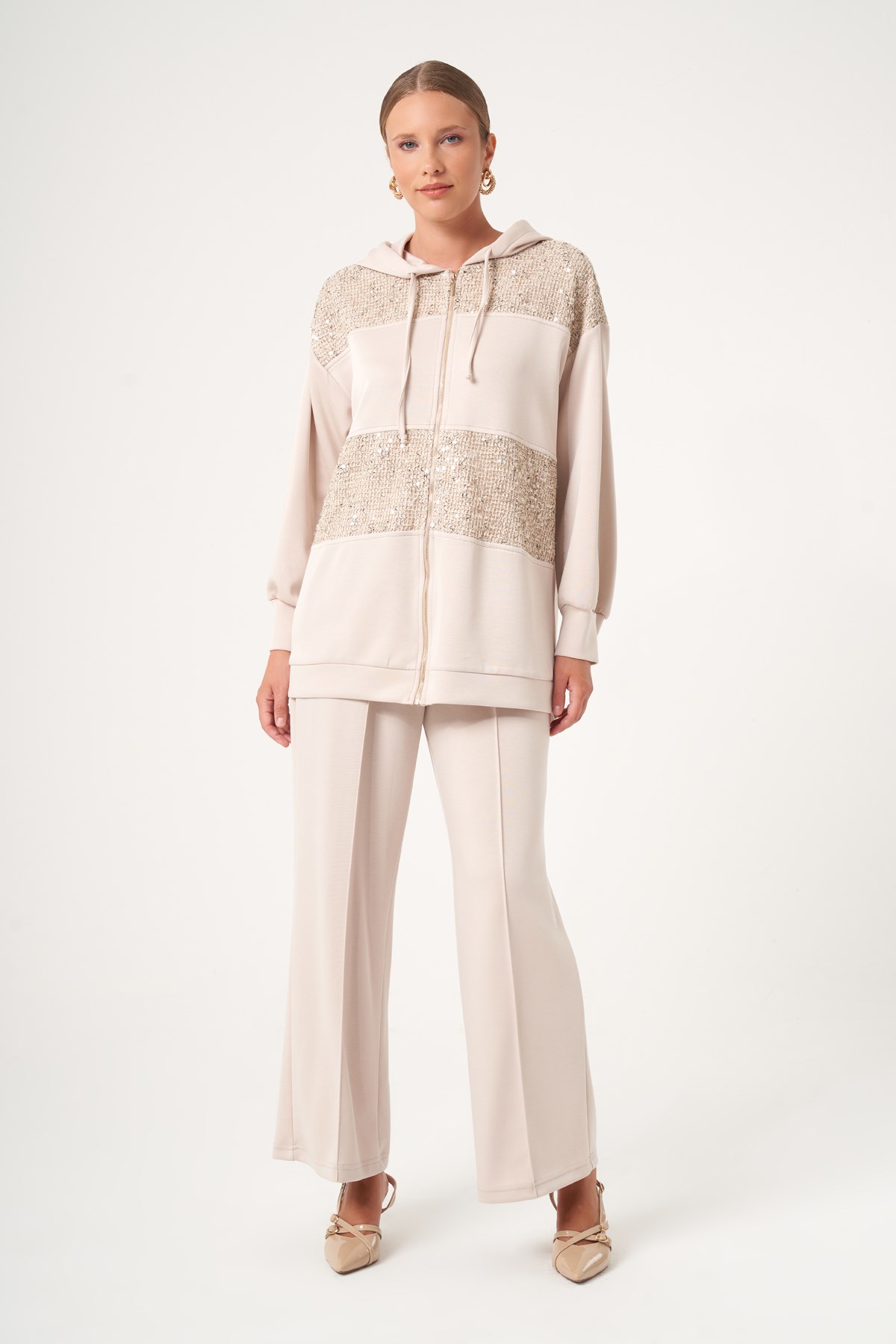 FTZ Women Kadın Payet Detay Modal Takım  Beige 31519