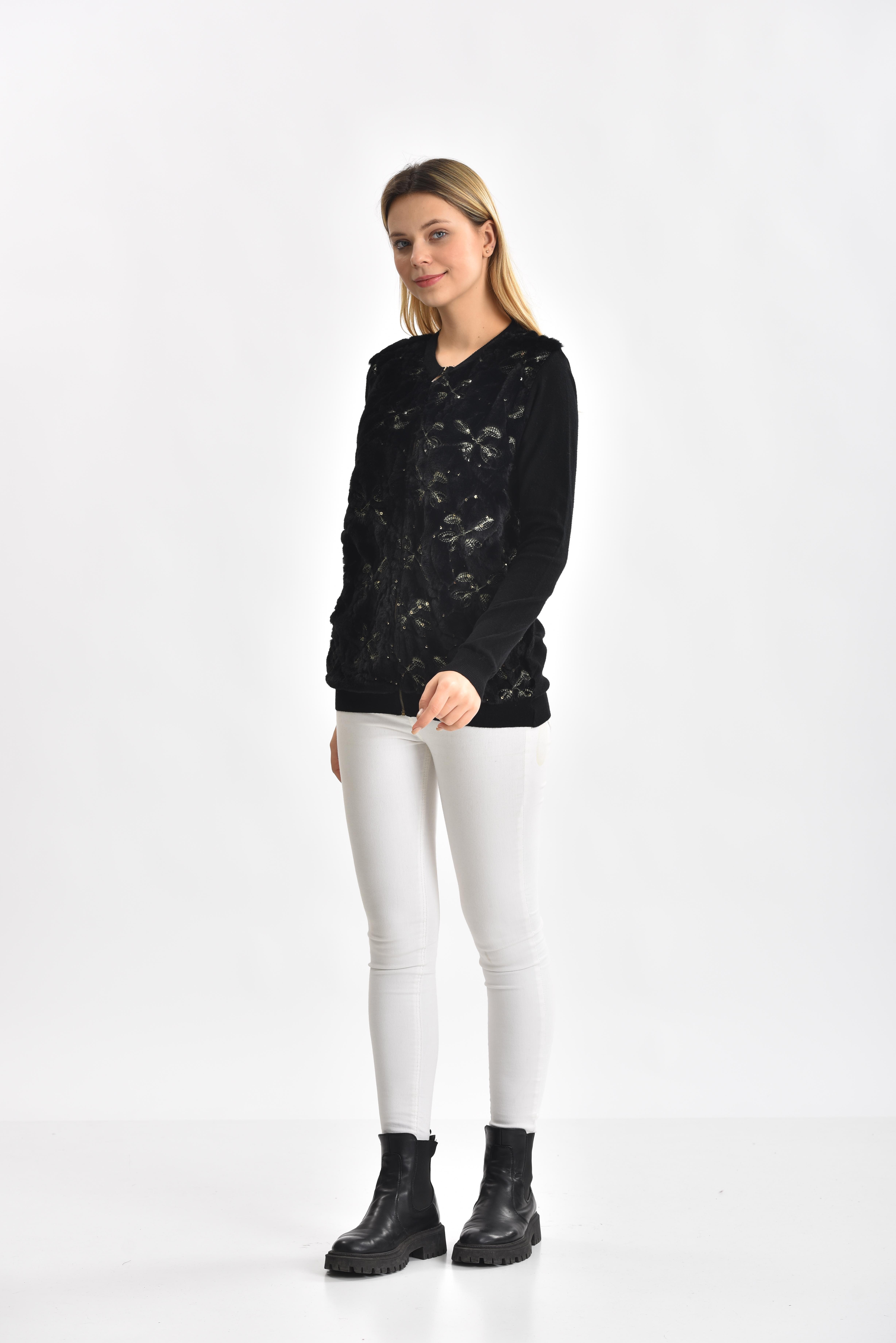 FTZ Women Kadın Peluş Fermuarlı hırka  Siyah 21-1363