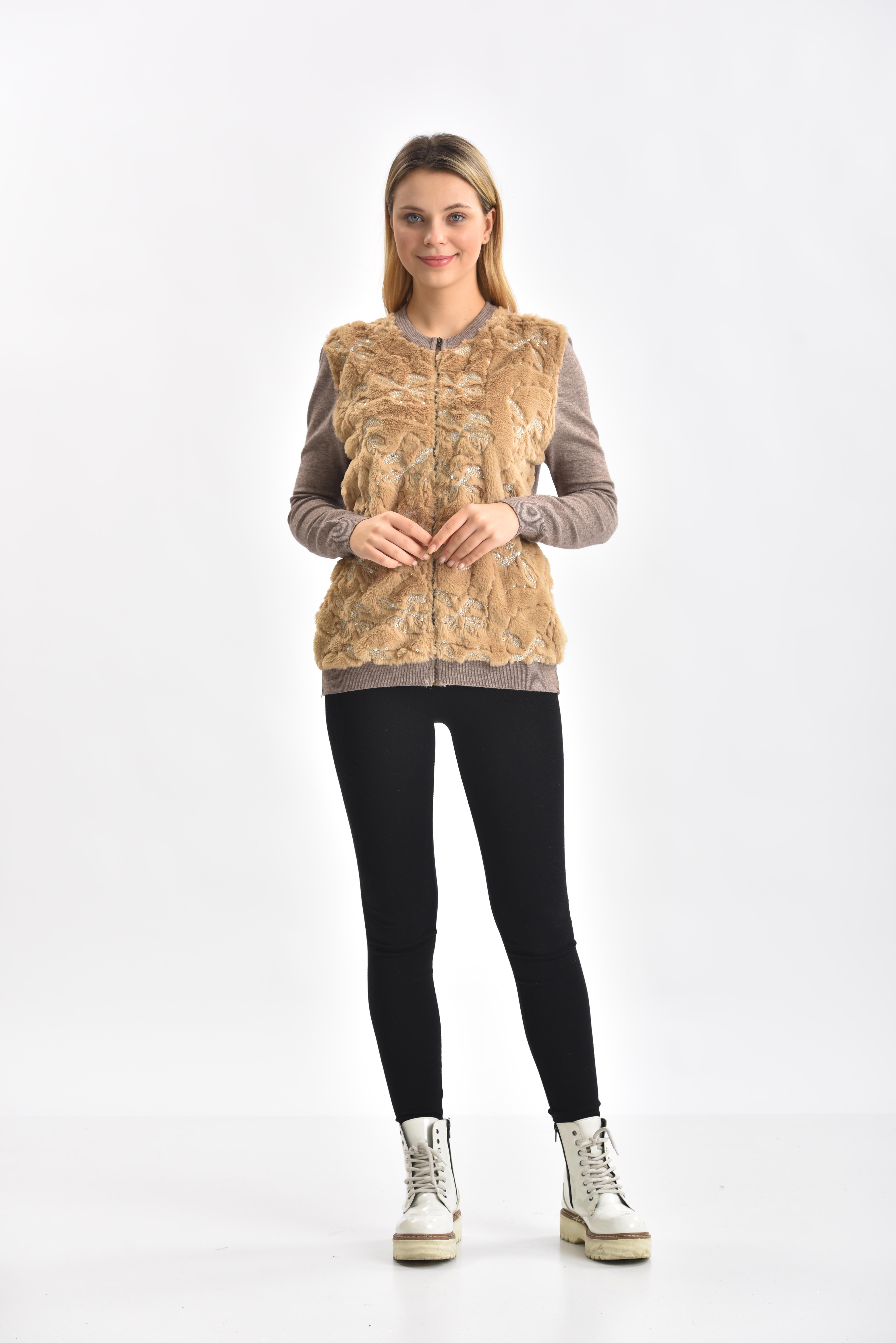 FTZ Women Kadın Peluş Fermuarlı hırka  Beige 21-1363