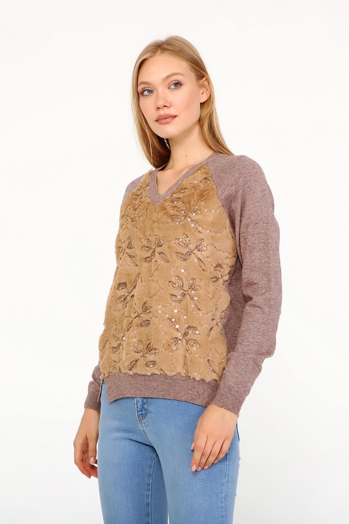 FTZ Women Kadın Peluş Nakışlı Triko  Beige 21-1043