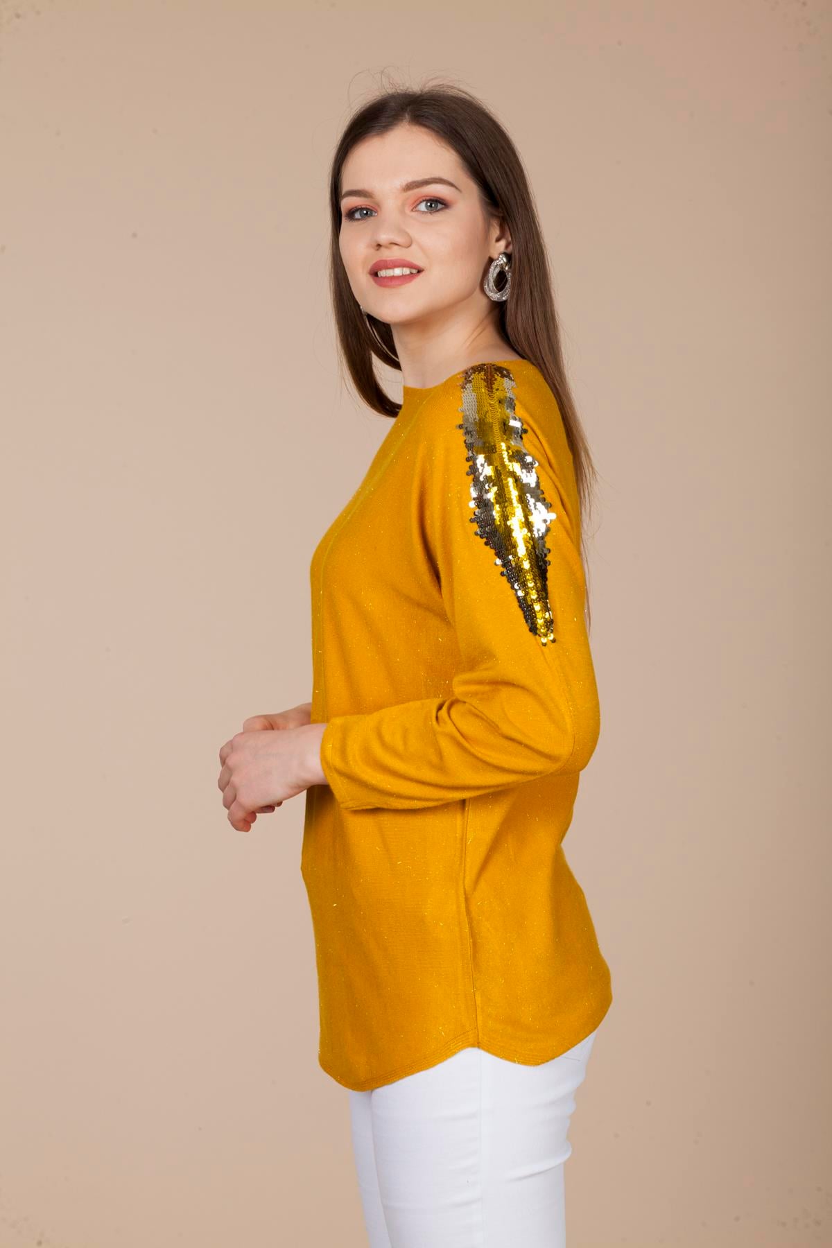 FTZ Women Kadın Pul Payet Detaylı Triko  Safran 21-1031