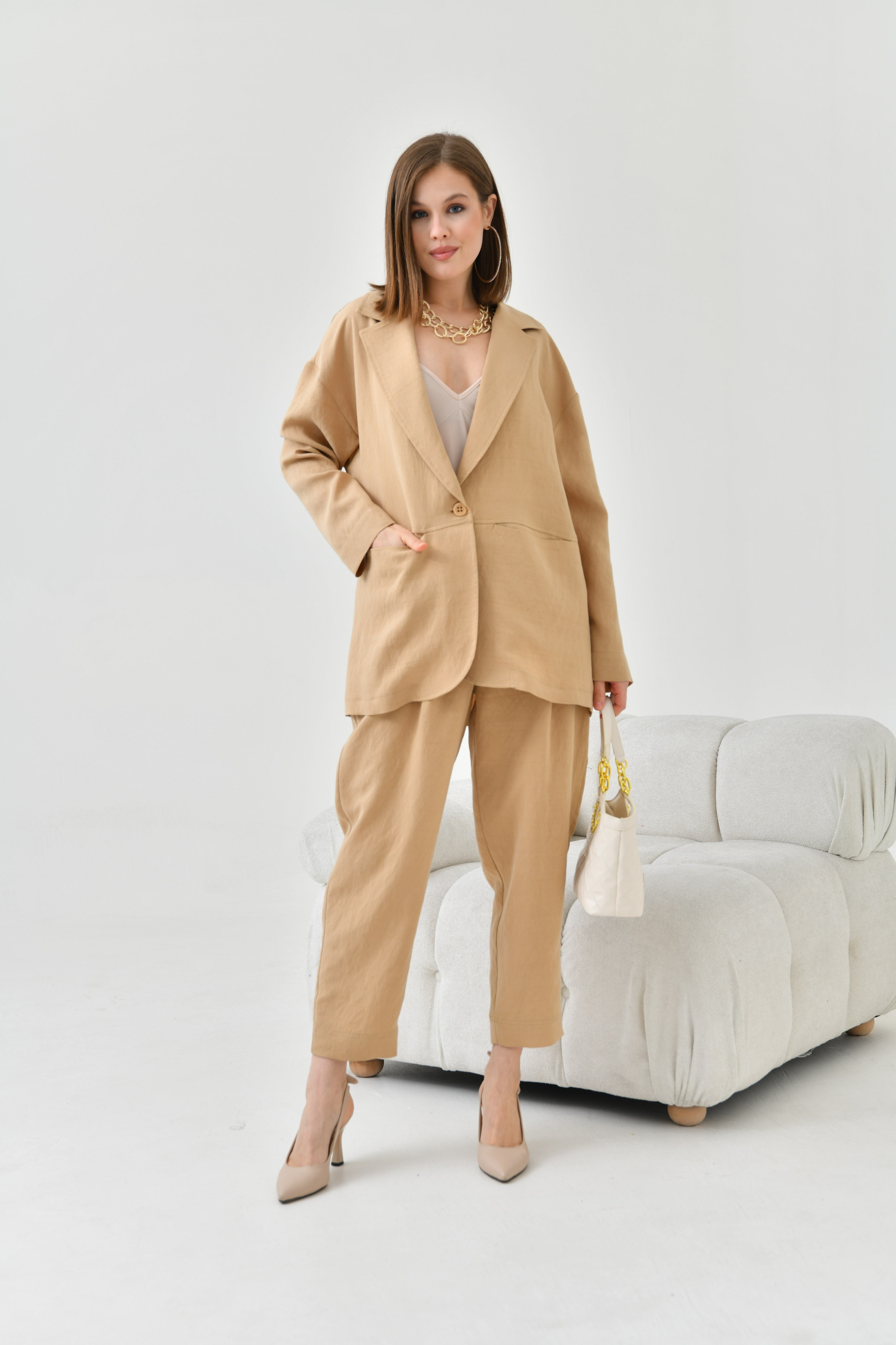 FTZ Women Kadın Rahat Kalıp Begonya Ceketli Takım  Beige 30777