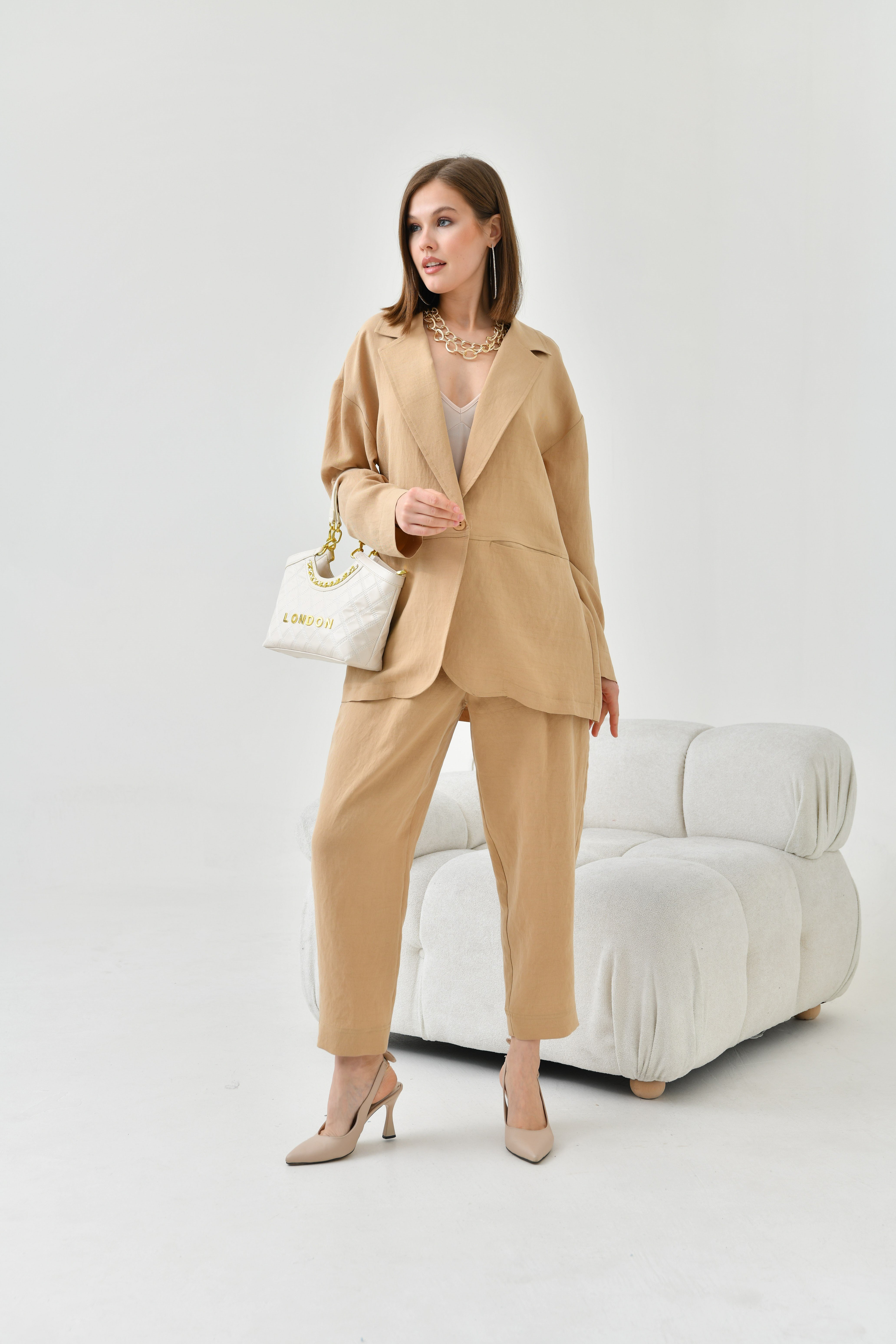 FTZ Women Kadın Rahat Kalıp Begonya Ceketli Takım  Beige 30777