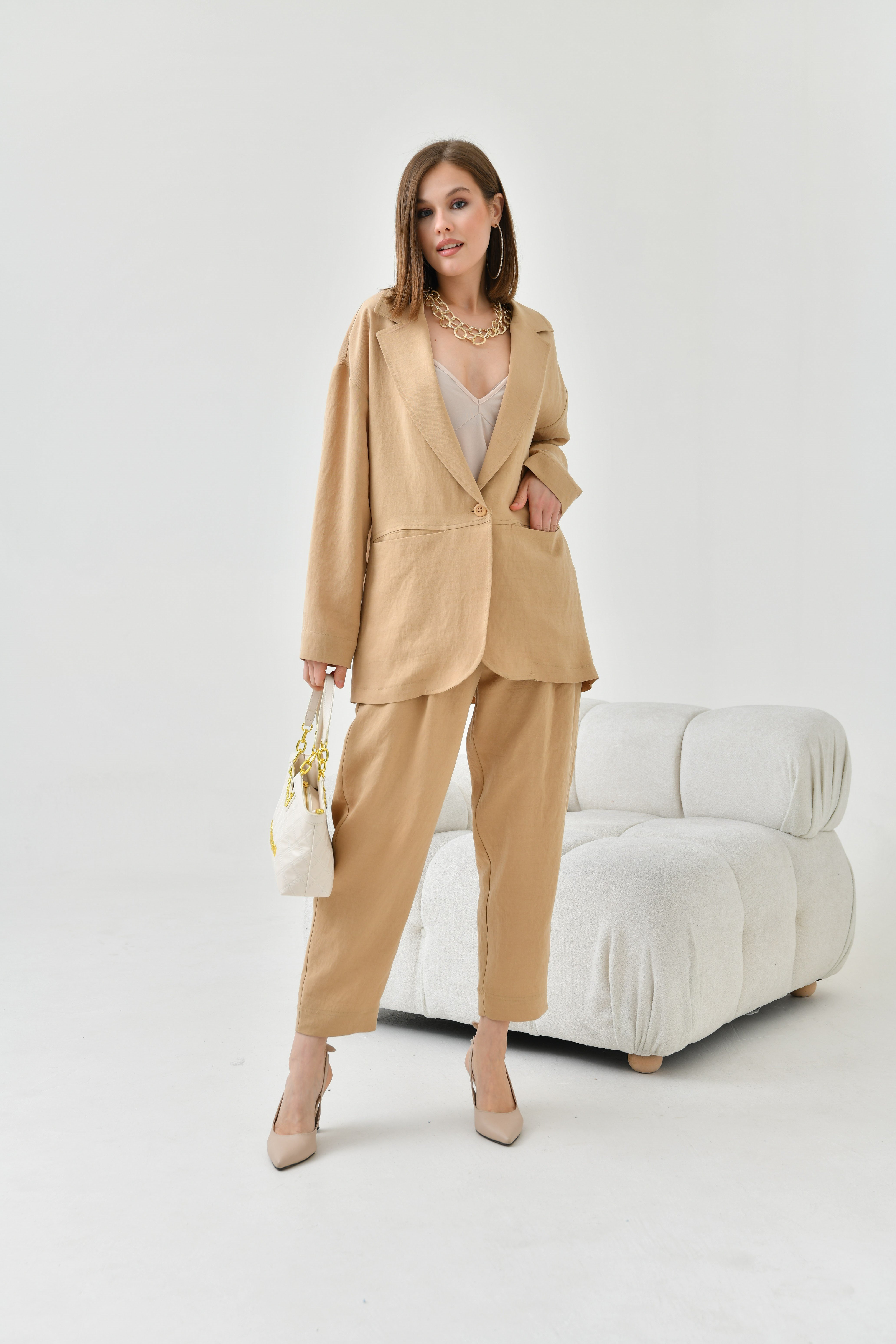 FTZ Women Kadın Rahat Kalıp Begonya Ceketli Takım  Beige 30777