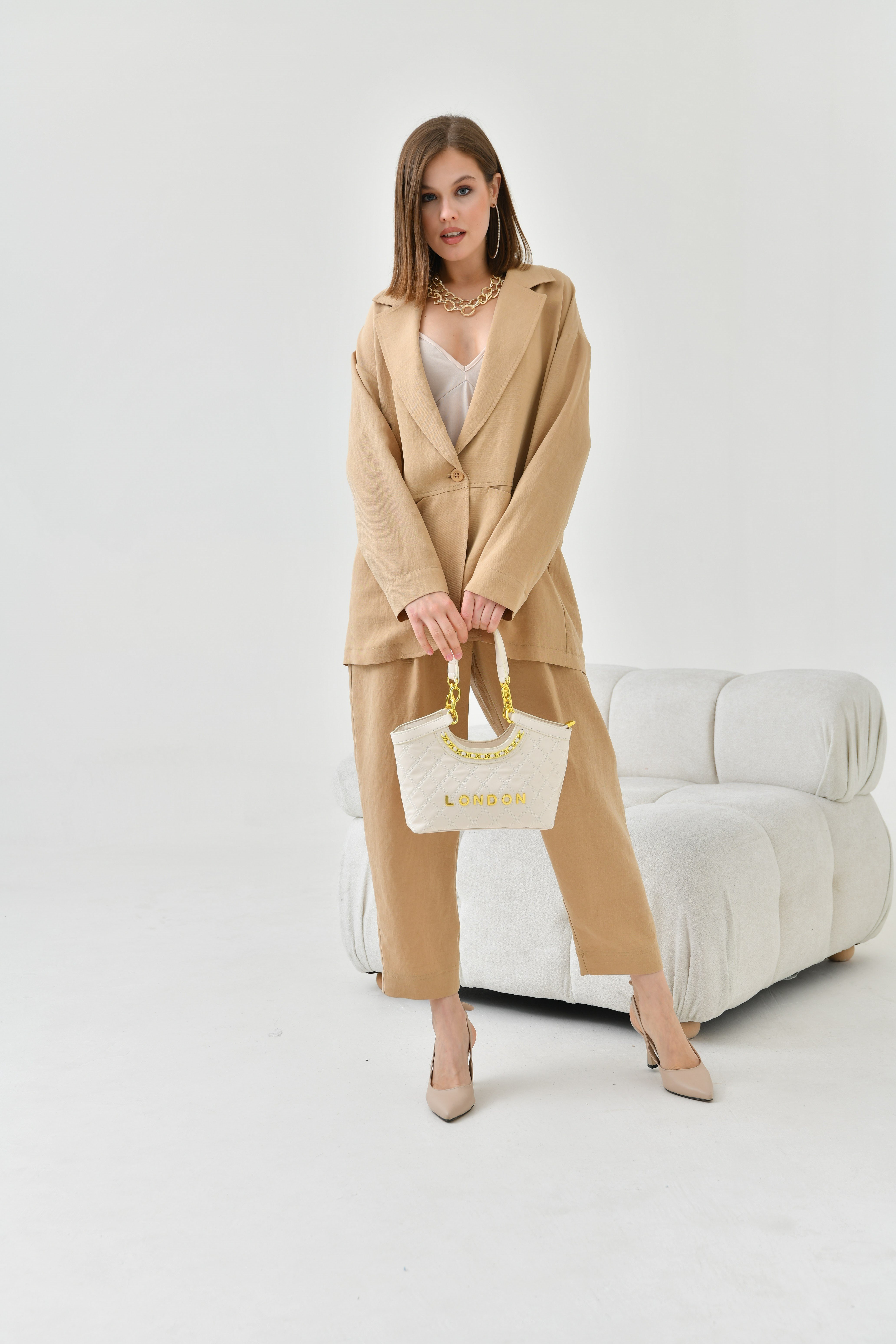 FTZ Women Kadın Rahat Kalıp Begonya Ceketli Takım  Beige 30777