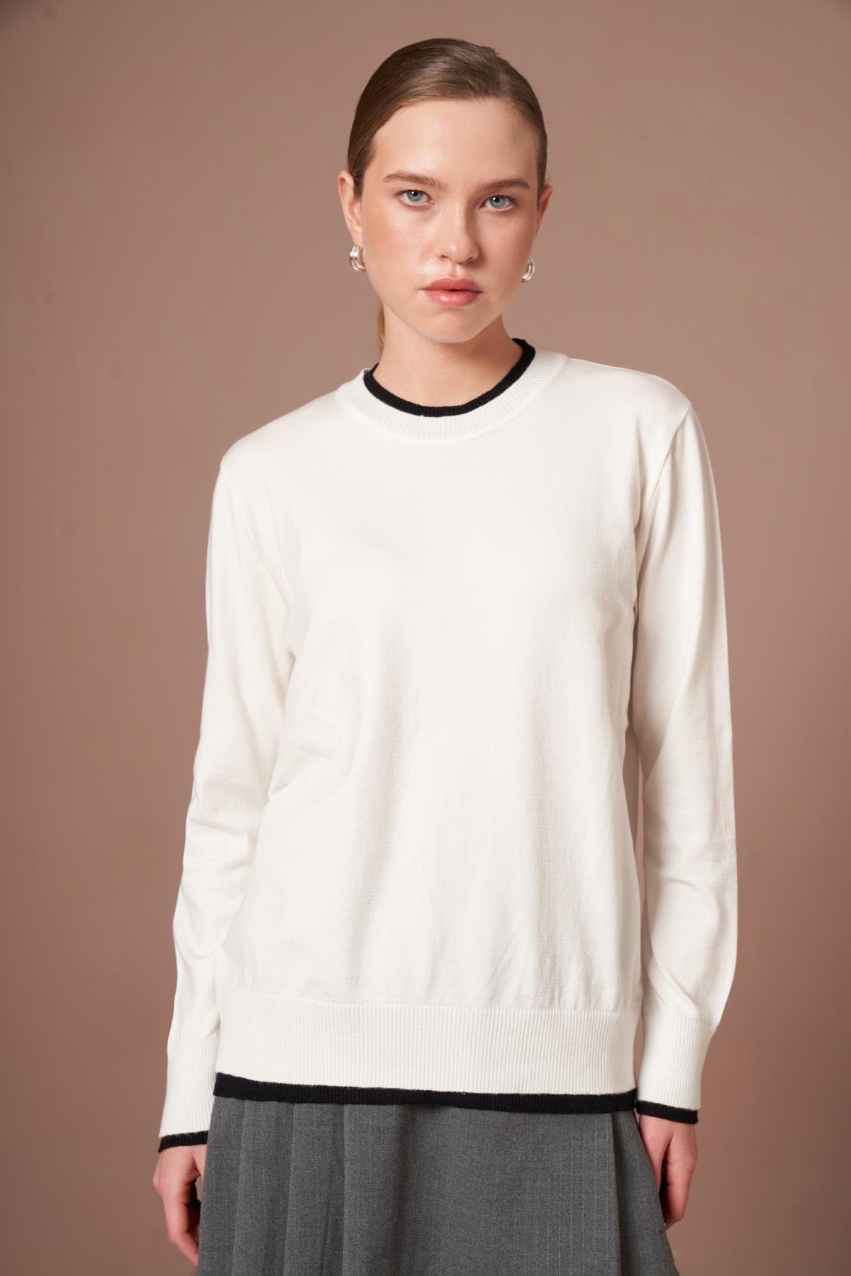 FTZ Women Kadın Ribana Detaylı Kazak  Ekru 25290