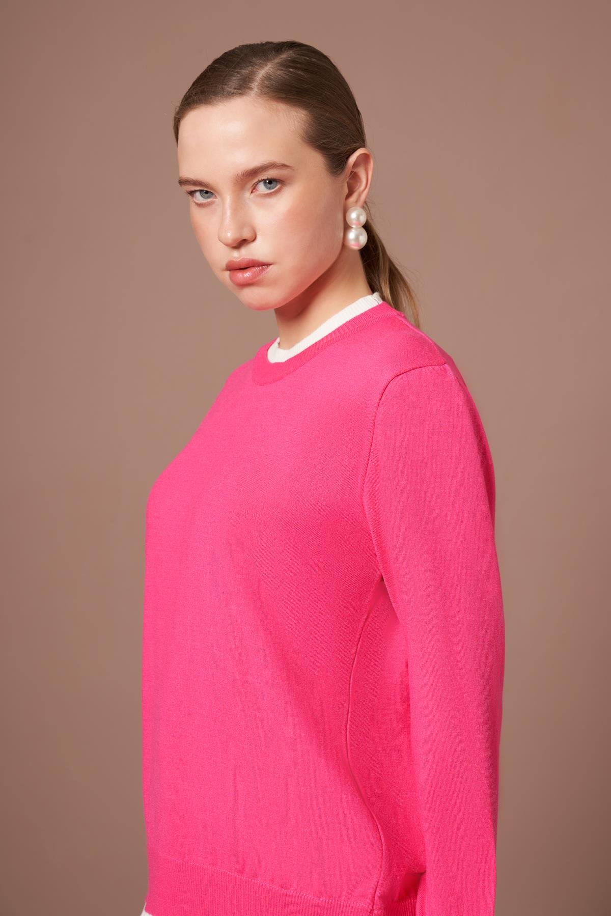 FTZ Women Kadın Ribana Detaylı Kazak  Fuşya 25290