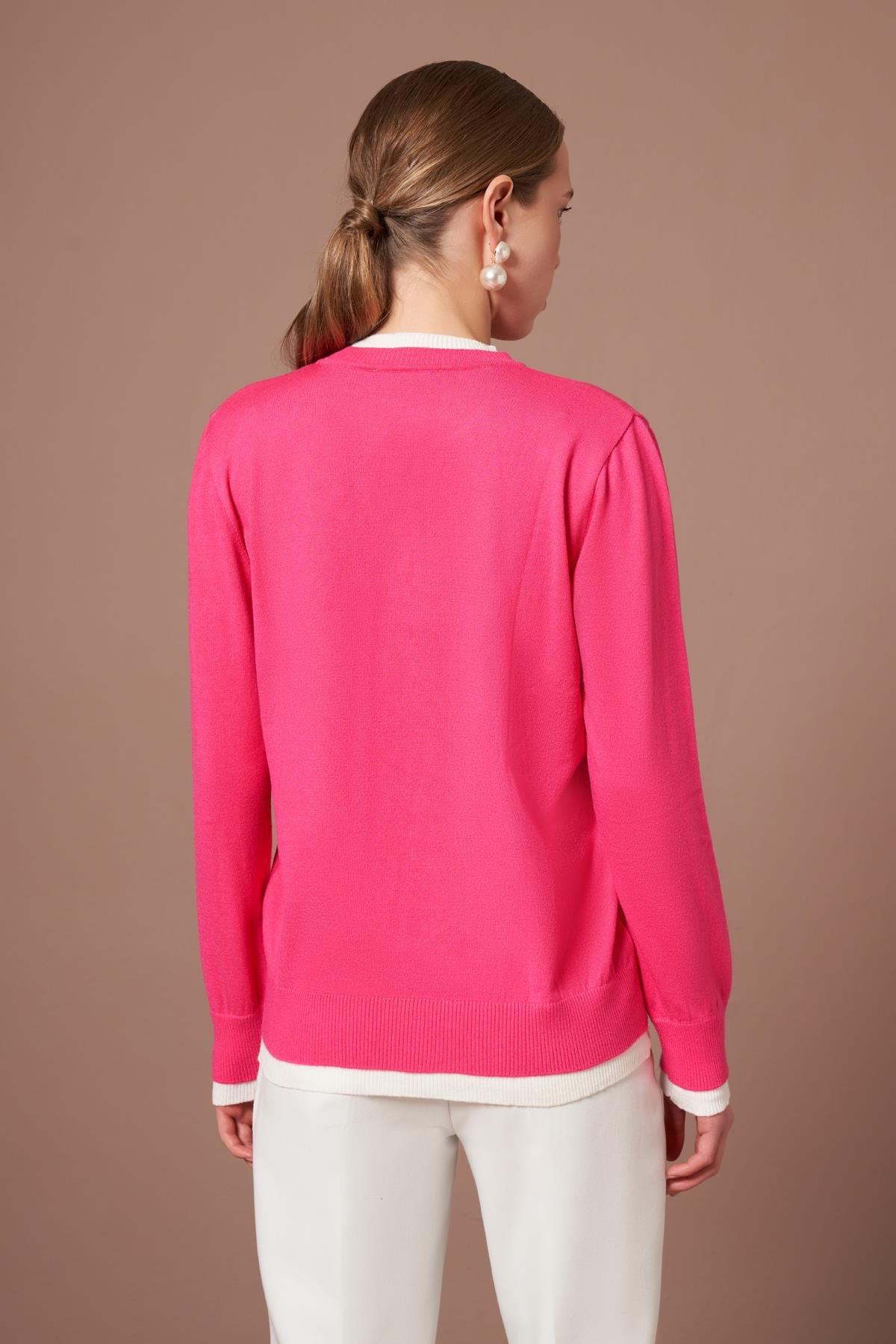 FTZ Women Kadın Ribana Detaylı Kazak  Fuşya 25290