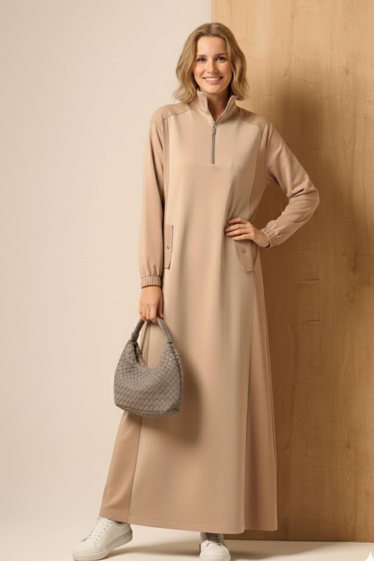 FTZ Women Kadın Scuba Spandex Elbise  Beige 31260
