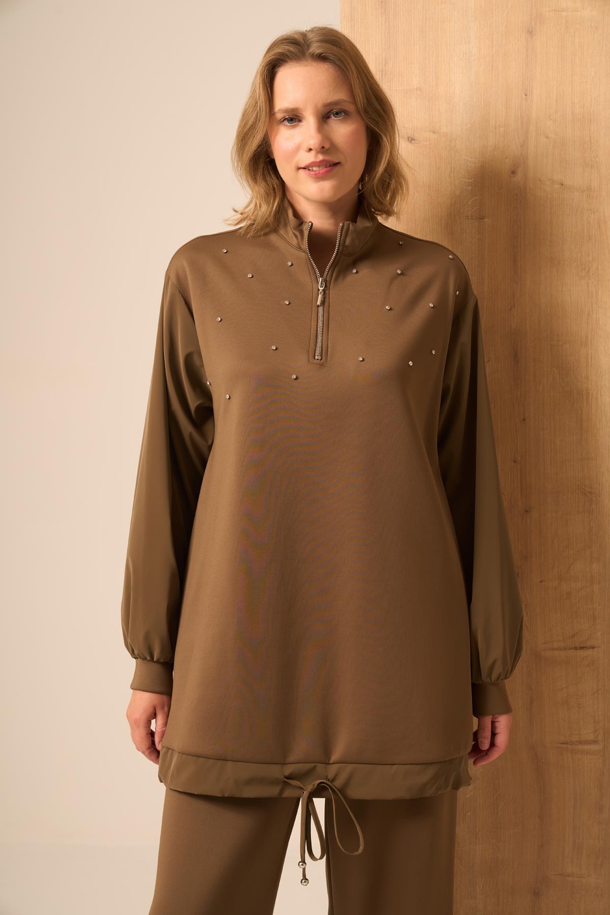 FTZ Women Kadın Rahat Kalıp Scuba Spandex Takım  Kahve 31257