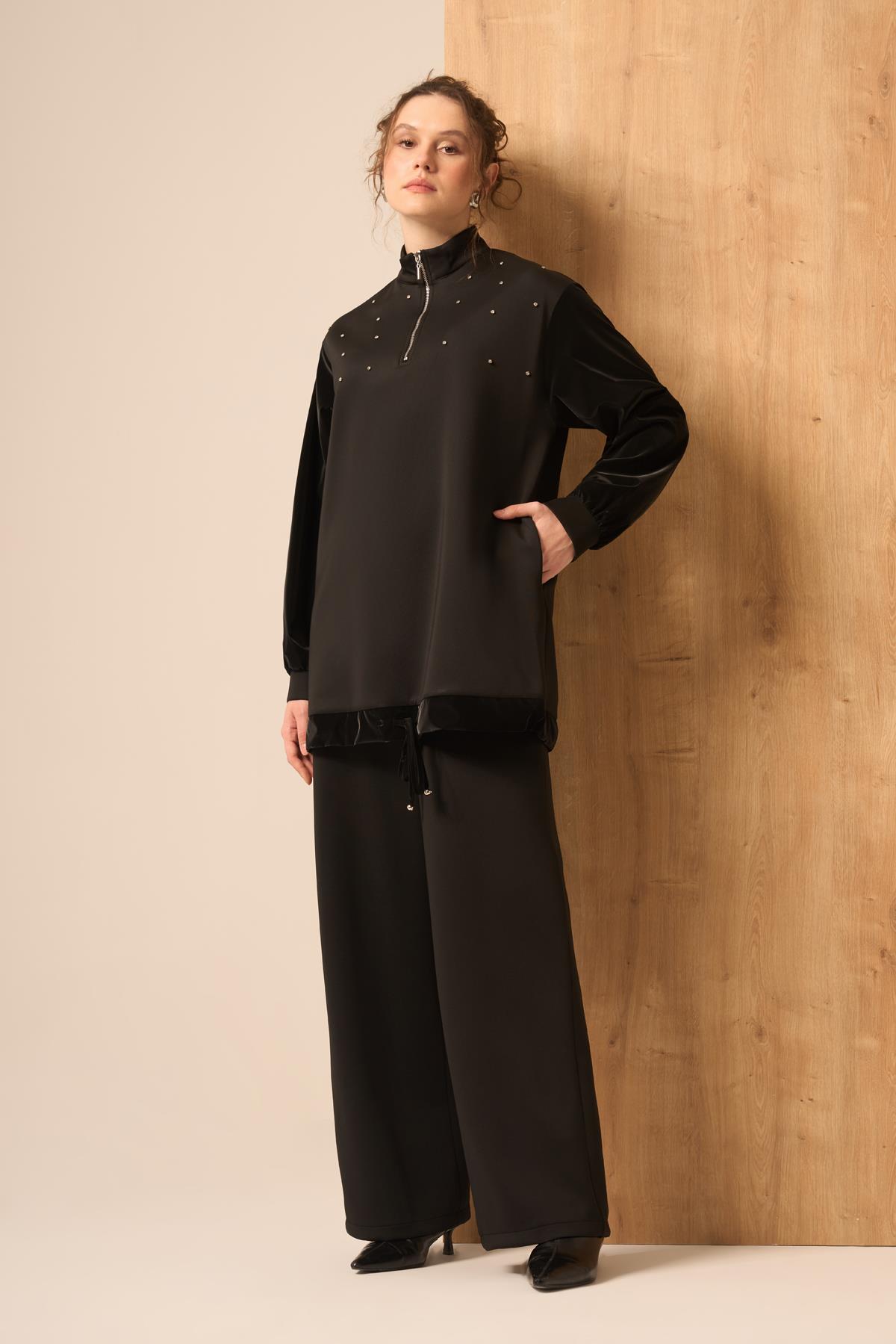 FTZ Women Kadın Rahat Kalıp Scuba Spandex Takım  Siyah 31257