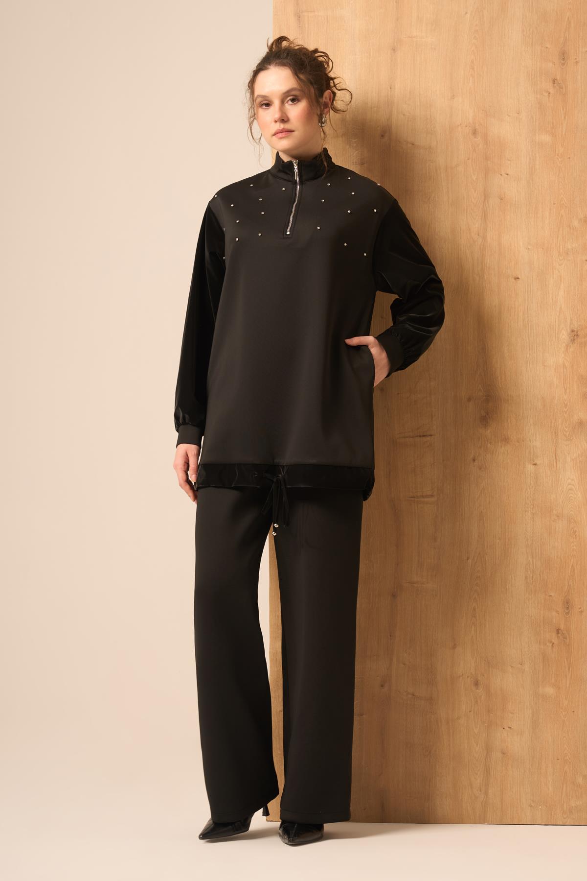 FTZ Women Kadın Rahat Kalıp Scuba Spandex Takım  Siyah 31257