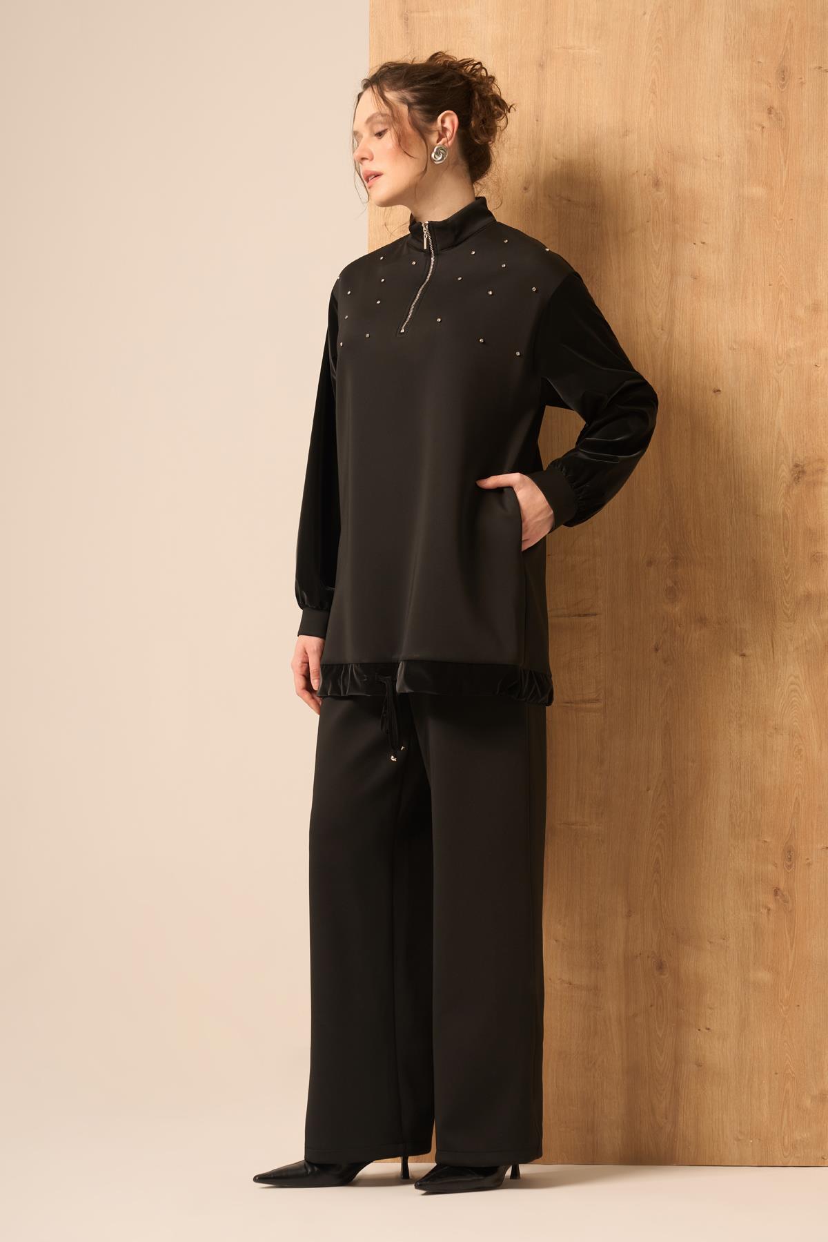 FTZ Women Kadın Rahat Kalıp Scuba Spandex Takım  Siyah 31257