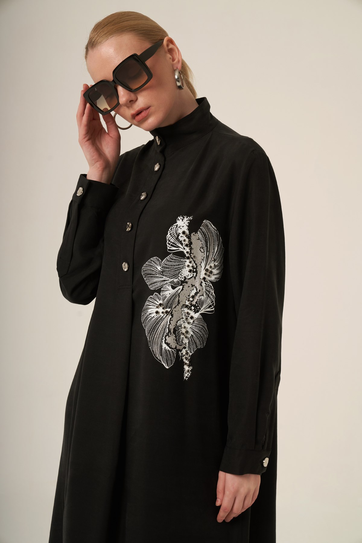 FTZ Women Kadın Oversize İşlemeli Elbise  Siyah 31336