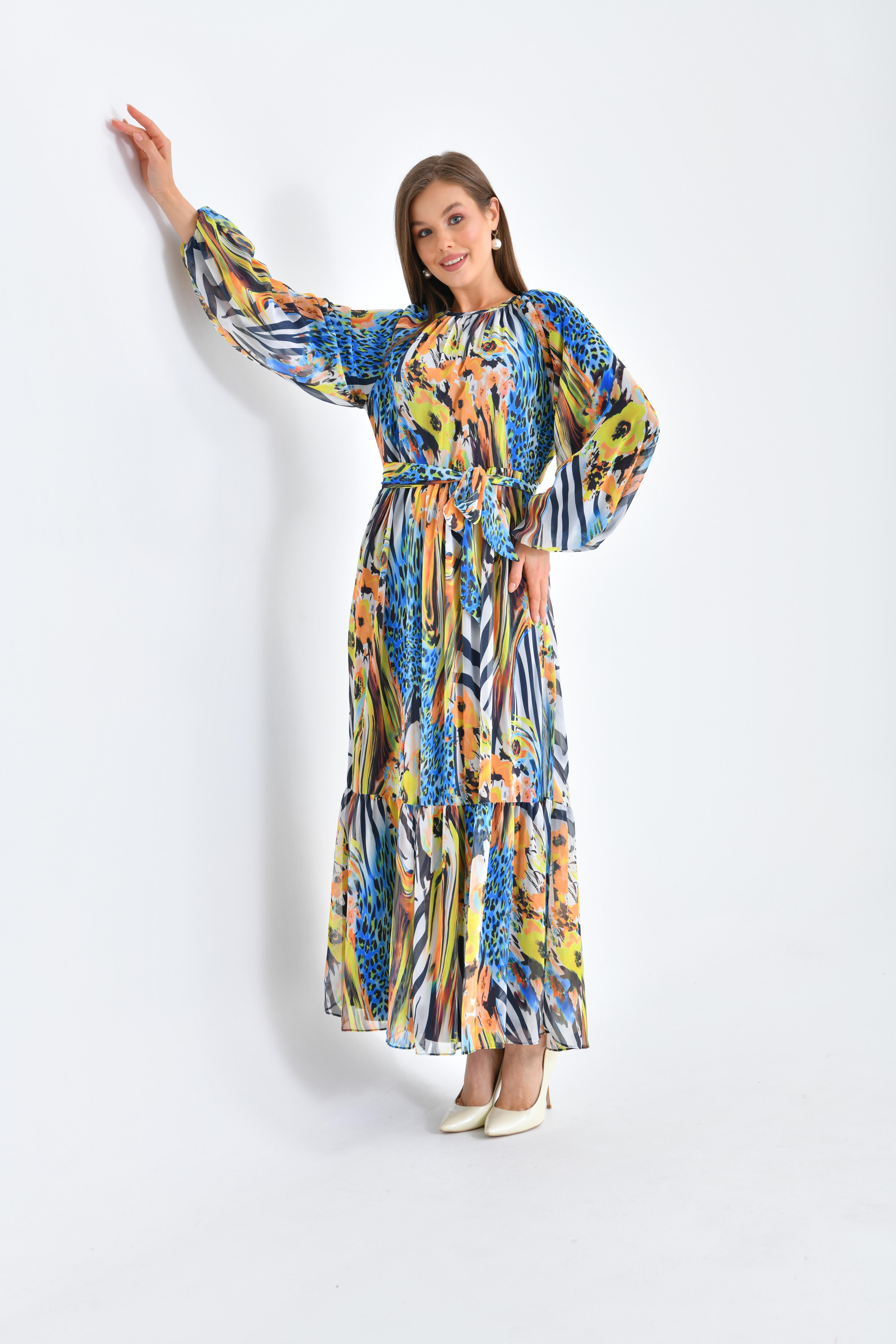 FTZ Women Kadın Şifon Baskılı Elbise  Saks Mavi 30499