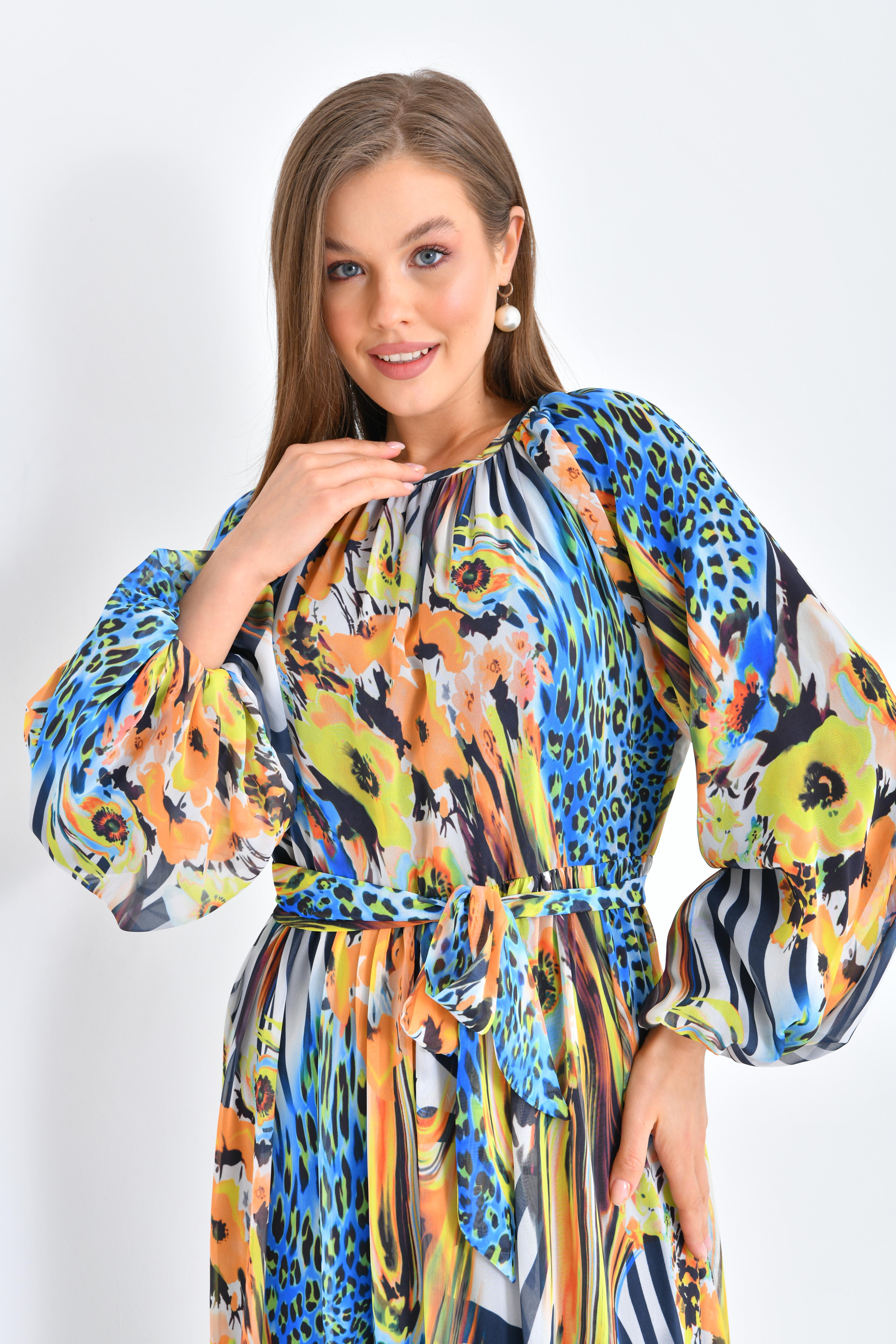 FTZ Women Kadın Şifon Baskılı Elbise  Saks Mavi 30499