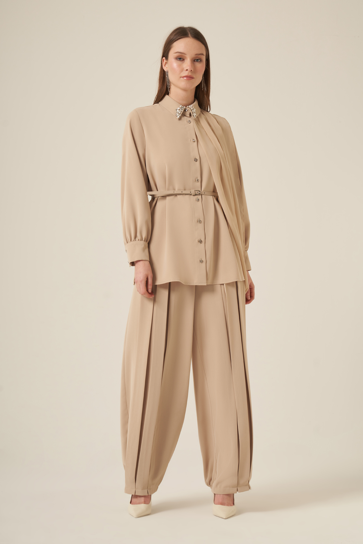 FTZ Women Kadın Şifon Detay Pantolonlu Takım  Beige 31314