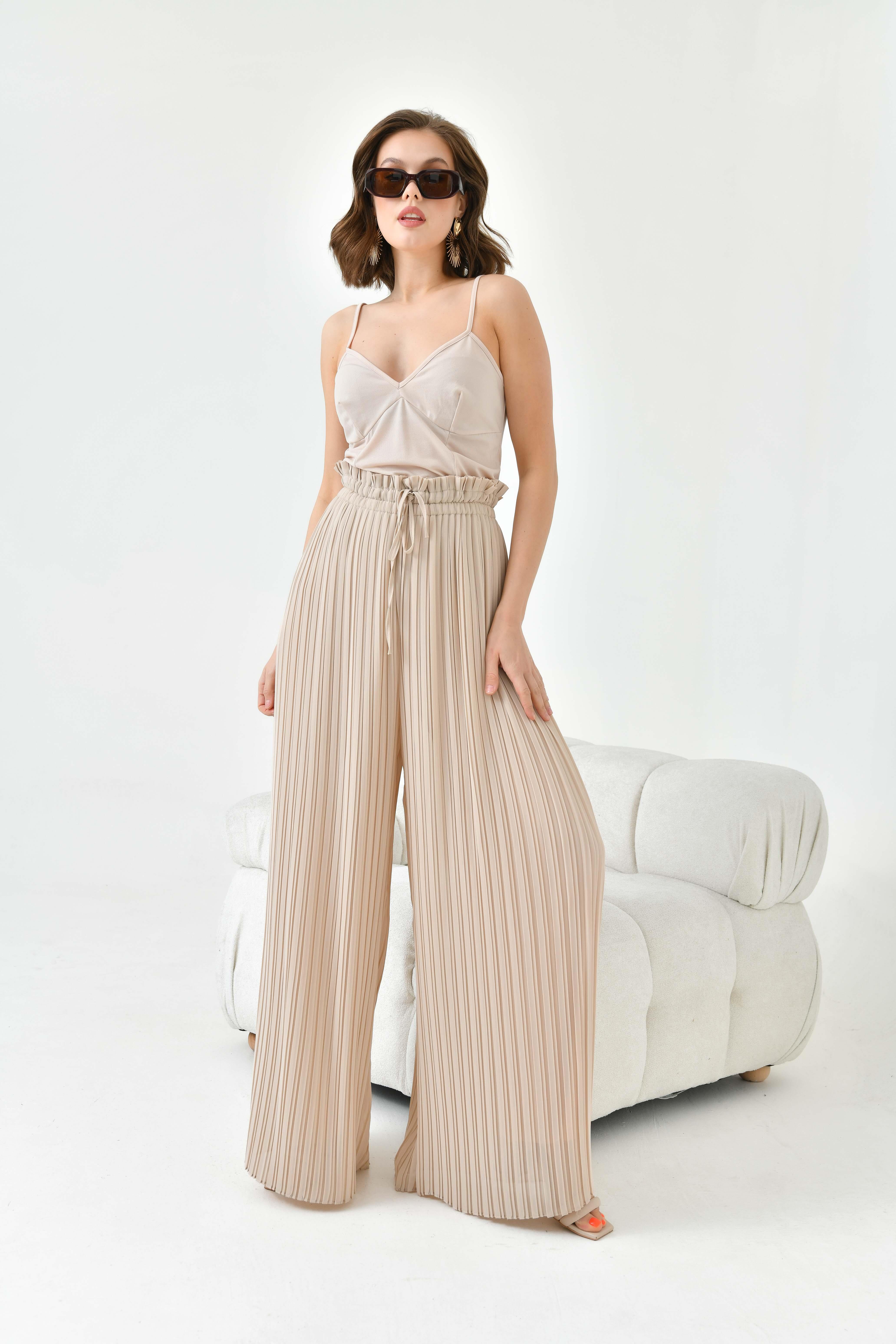FTZ Women Kadın Şifon Pliseli Pantolon  Beige 30700
