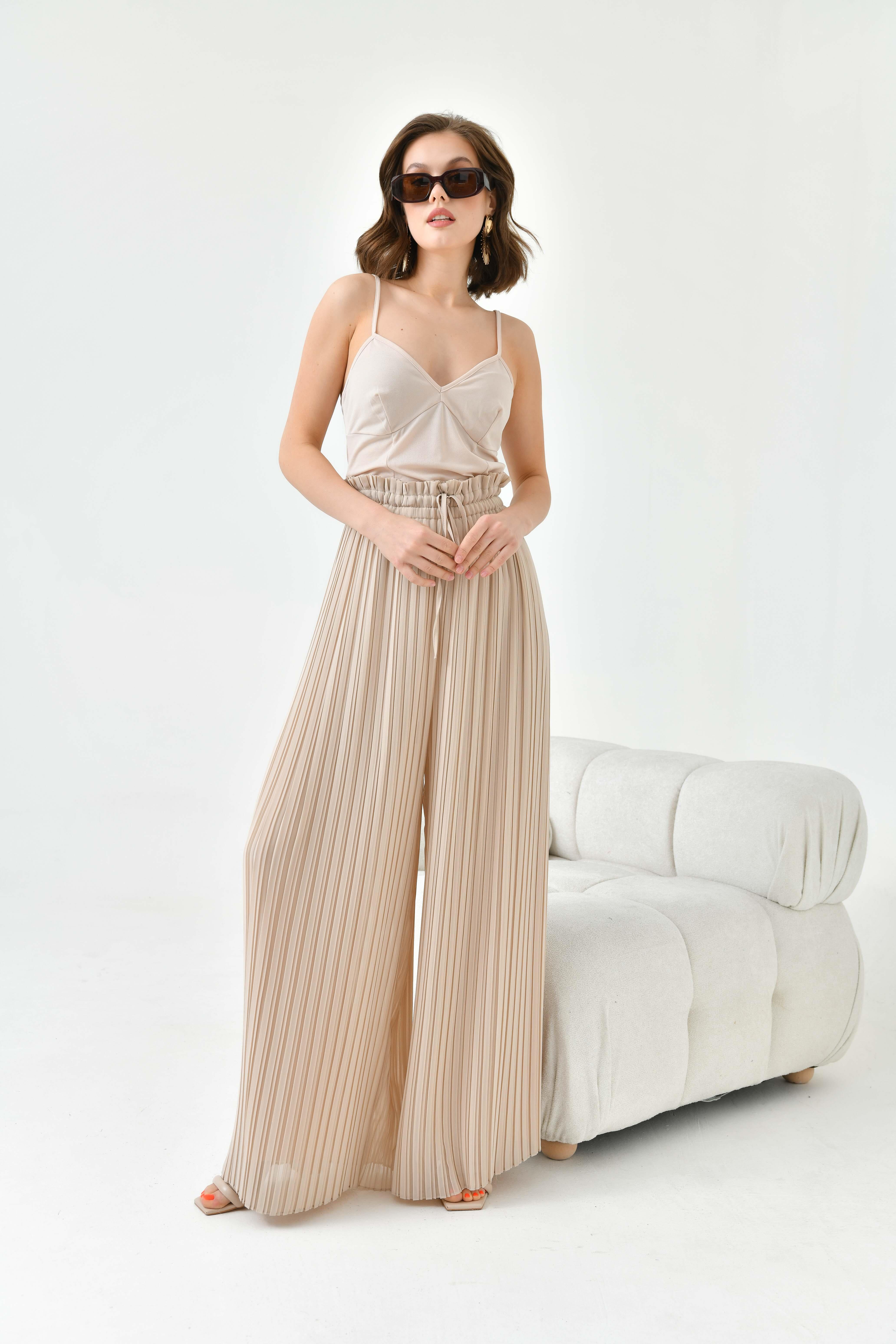 FTZ Women Kadın Şifon Pliseli Pantolon  Beige 30700